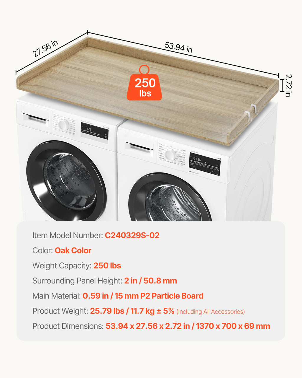 Washer Dryer Countertop, 54" x 27" Wooden Washer and Dryer Countertop, Water Resistant Laundry Machine Topper Cover with Anti Slip Pads, for Laundry Room Organization and Storage, Oak