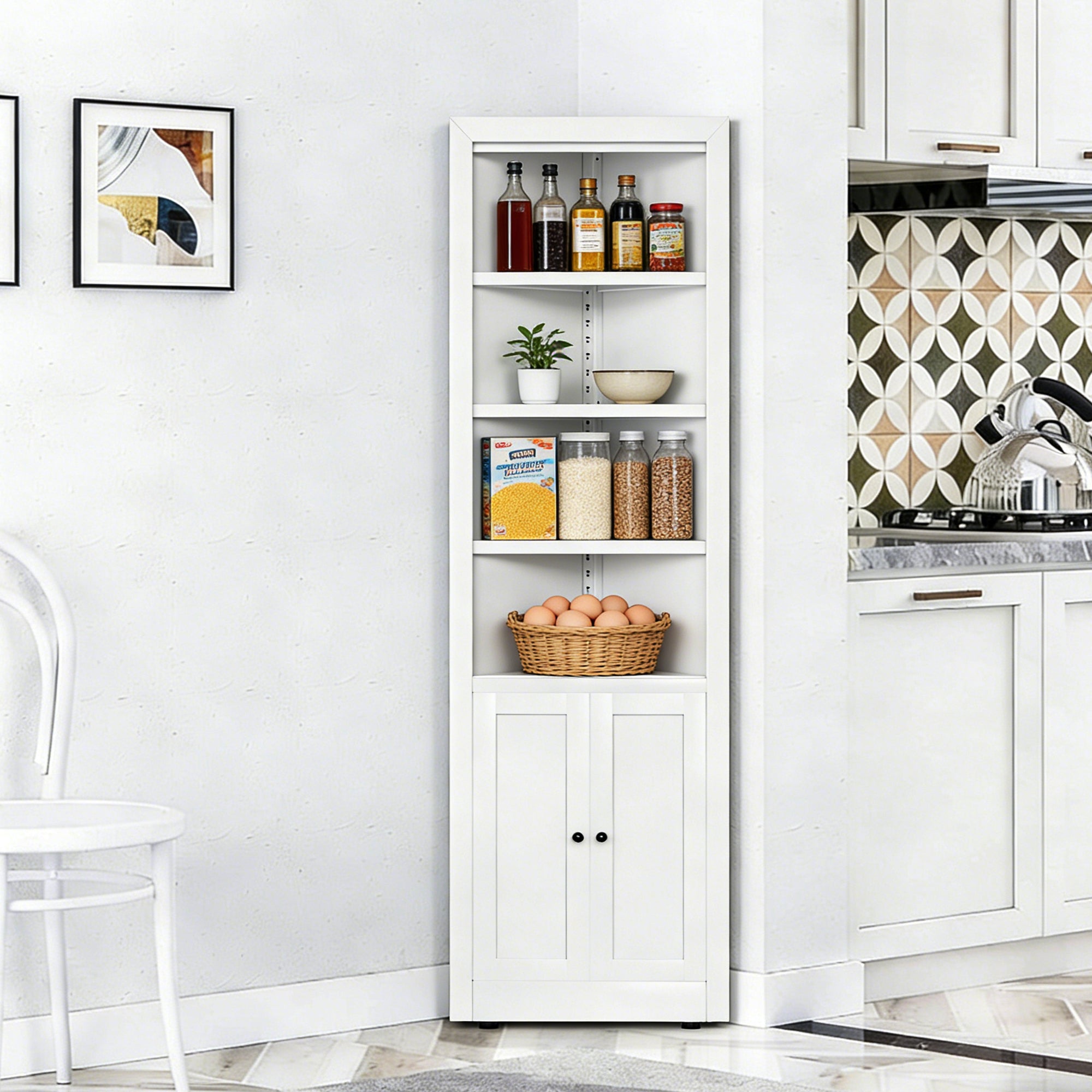 71" Tall Corner Storage Cabinet with 2 Doors, 5 Tier Metal Cabinet with Adjustable Shelves, Freestanding Kitchen Storage for Pantry, Living Room, Bathroom, Laundry Room, Space Saving Furniture, White