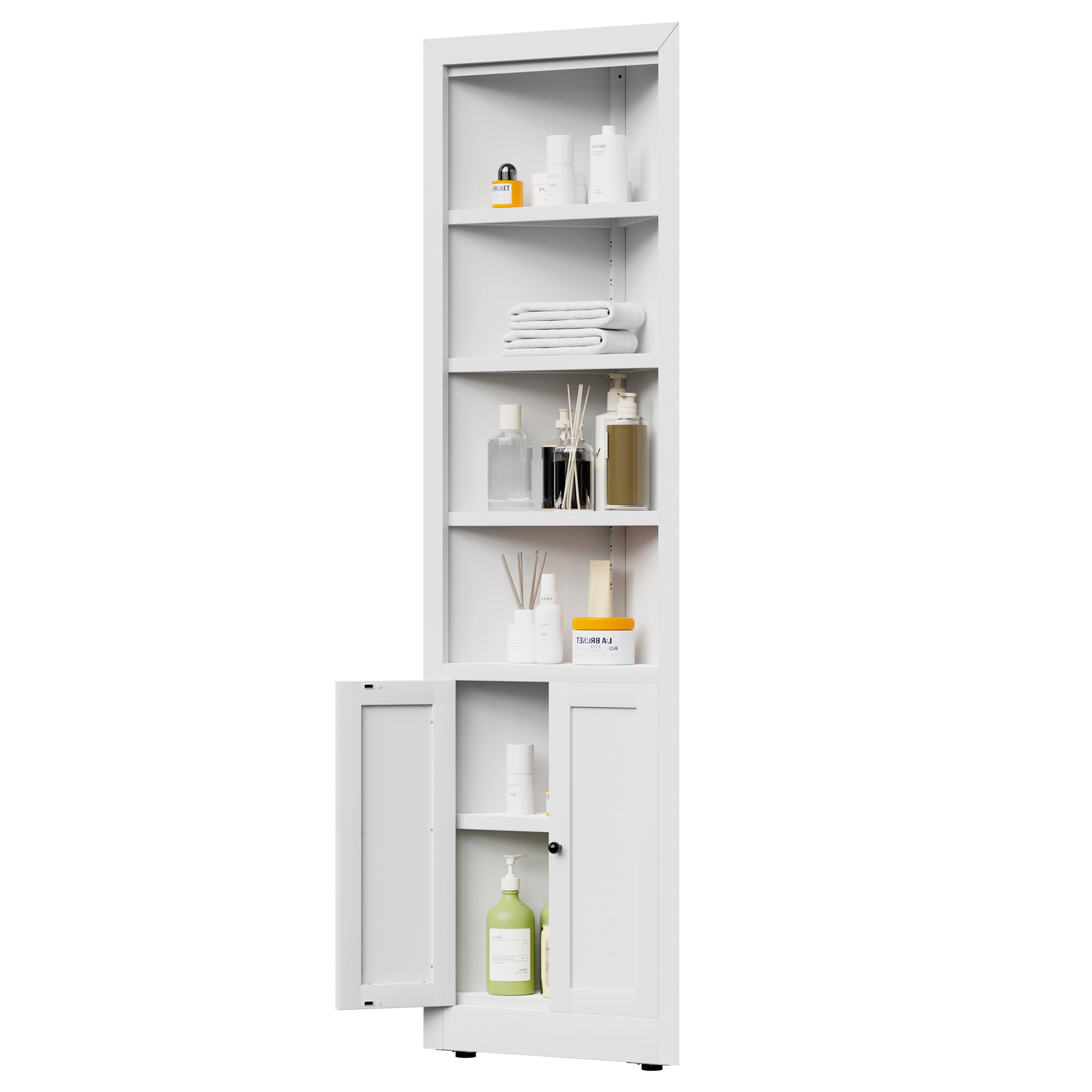 71" Tall Corner Storage Cabinet with 2 Doors, 5 Tier Metal Cabinet with Adjustable Shelves, Freestanding Kitchen Storage for Pantry, Living Room, Bathroom, Laundry Room, Space Saving Furniture, White