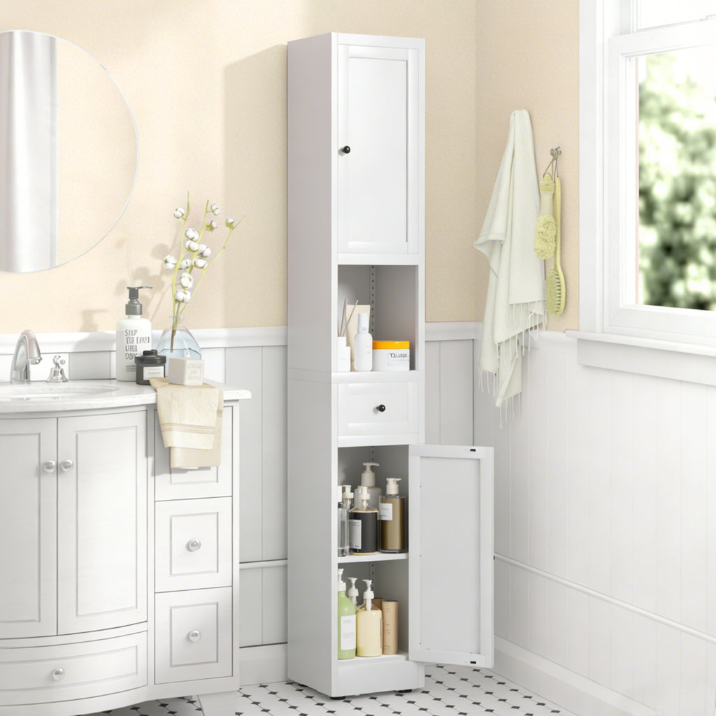 71 Inch Tall Bathroom Storage Cabinet, 5 Tier Narrow Metal Cabinet with 2 Doors & Adjustable Shelves, Freestanding Cabinet for Space Saving in Kitchen, Laundry Room, Pantry, White