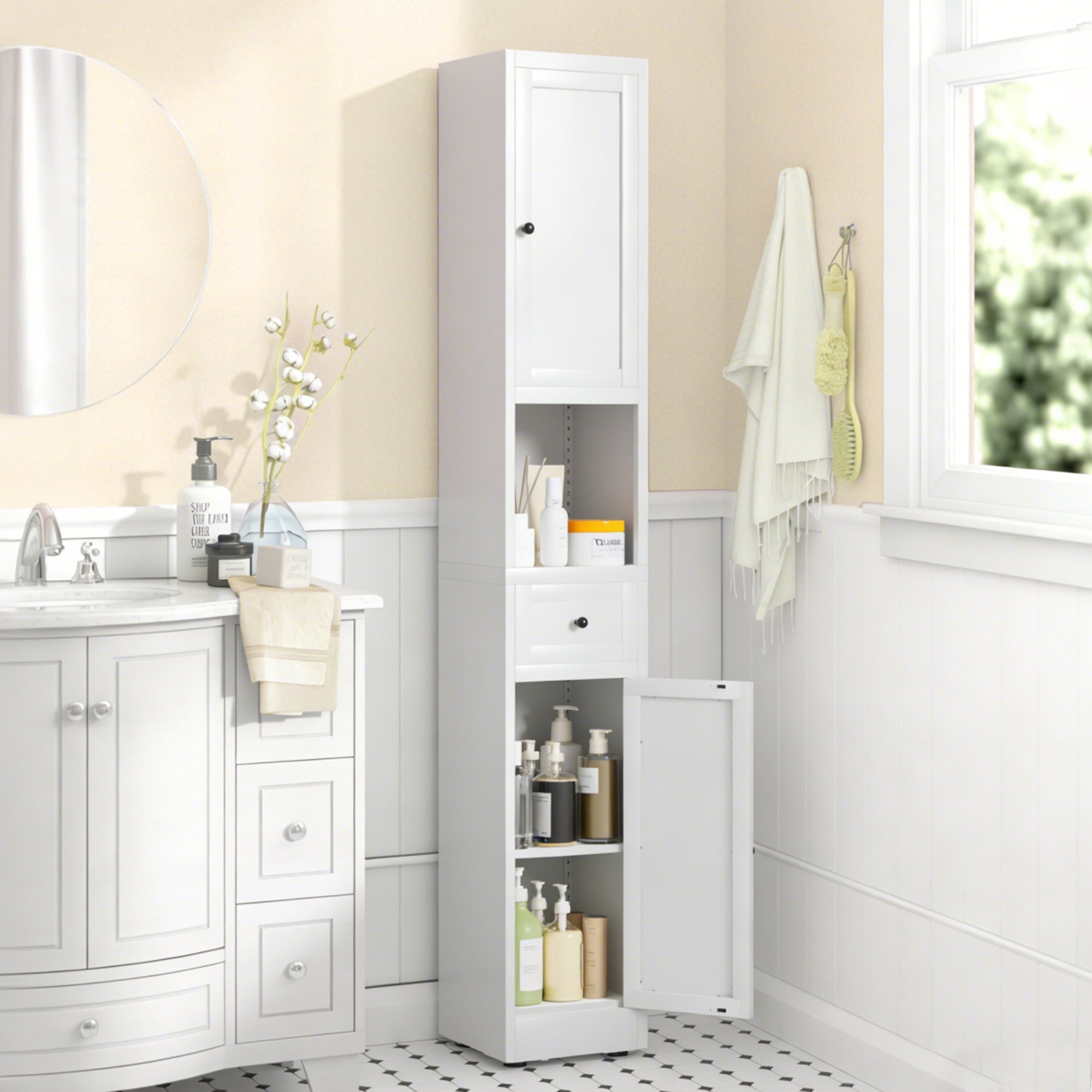 71 Inch Tall Bathroom Storage Cabinet, 5 Tier Narrow Metal Cabinet with 2 Doors & Adjustable Shelves, Freestanding Cabinet for Space Saving in Kitchen, Laundry Room, Pantry, White
