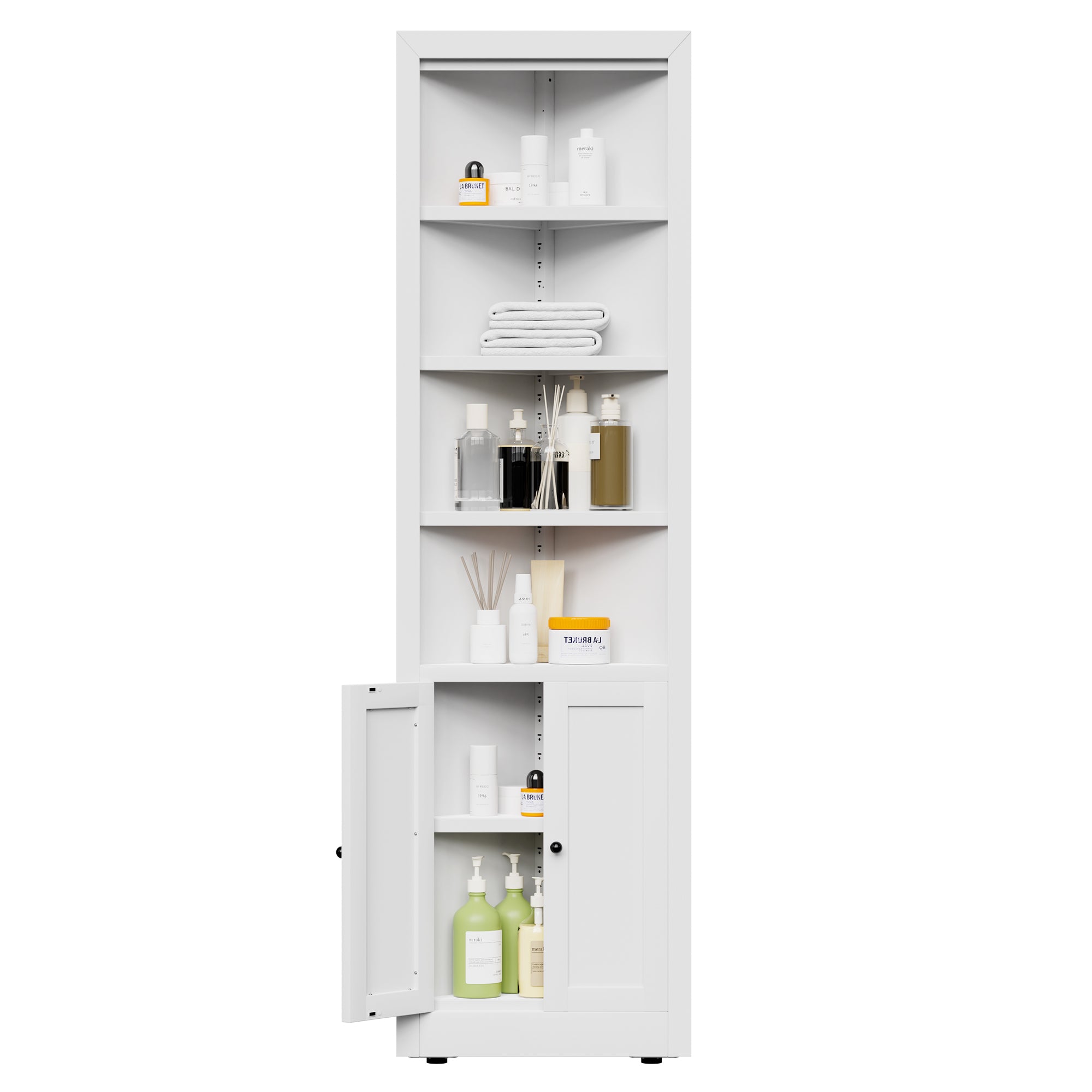 71" Tall Corner Storage Cabinet with 2 Doors, 5 Tier Metal Cabinet with Adjustable Shelves, Freestanding Kitchen Storage for Pantry, Living Room, Bathroom, Laundry Room, Space Saving Furniture, White