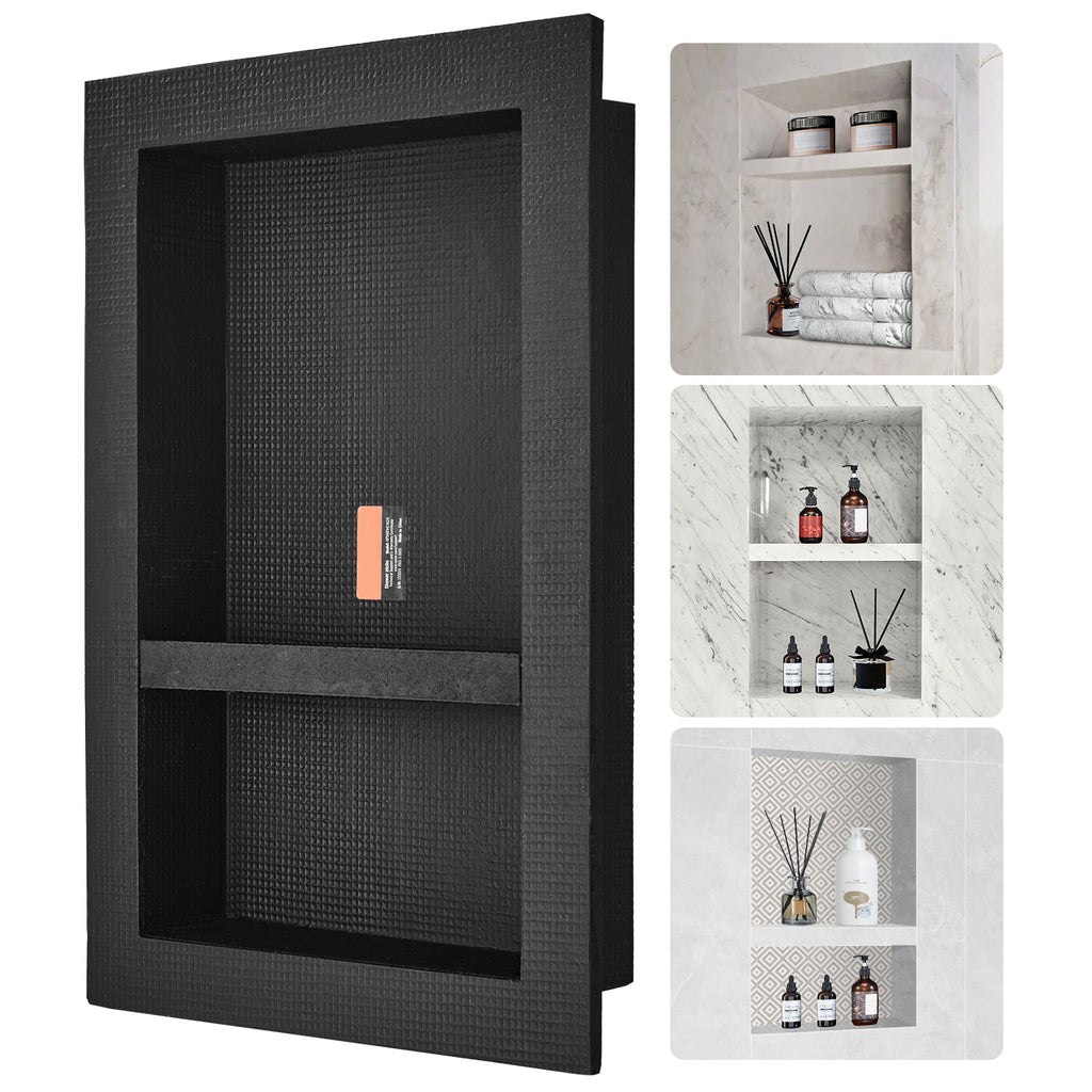 Shower Niche Ready for Tile 16" x 24", Double Shelf Organizer, Square Corners Wall inserted Niche Recessed, Sealed Protection Modern Soap Storage Niche for Shower Bathroom, Black