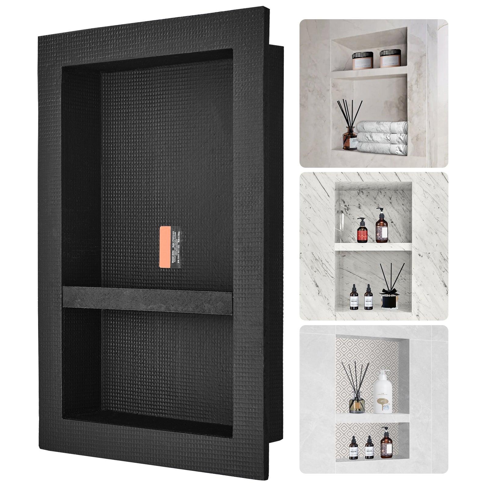 Shower Niche Ready for Tile 16" x 24", Double Shelf Organizer, Square Corners Wall inserted Niche Recessed, Sealed Protection Modern Soap Storage Niche for Shower Bathroom, Black