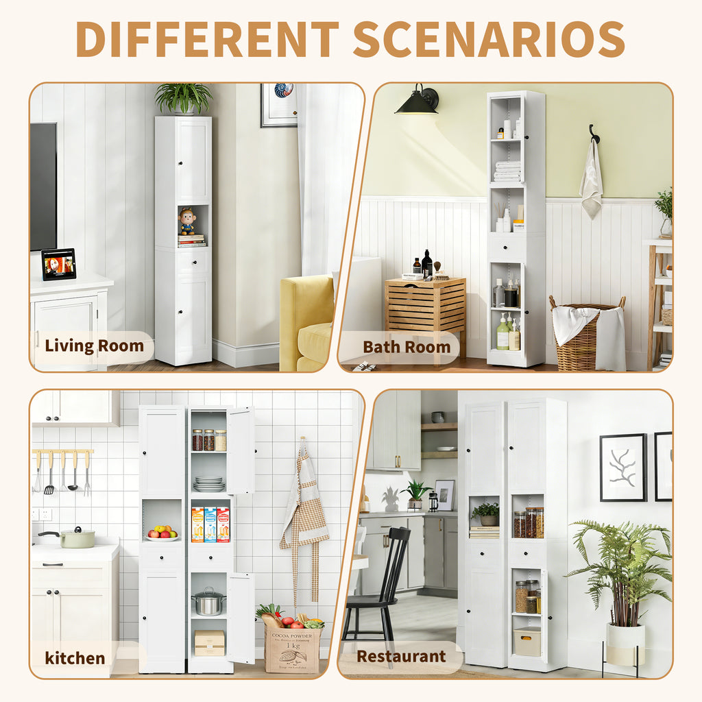 71 Inch Tall Bathroom Storage Cabinet, 5 Tier Narrow Metal Cabinet with 2 Doors & Adjustable Shelves, Freestanding Cabinet for Space Saving in Kitchen, Laundry Room, Pantry, White