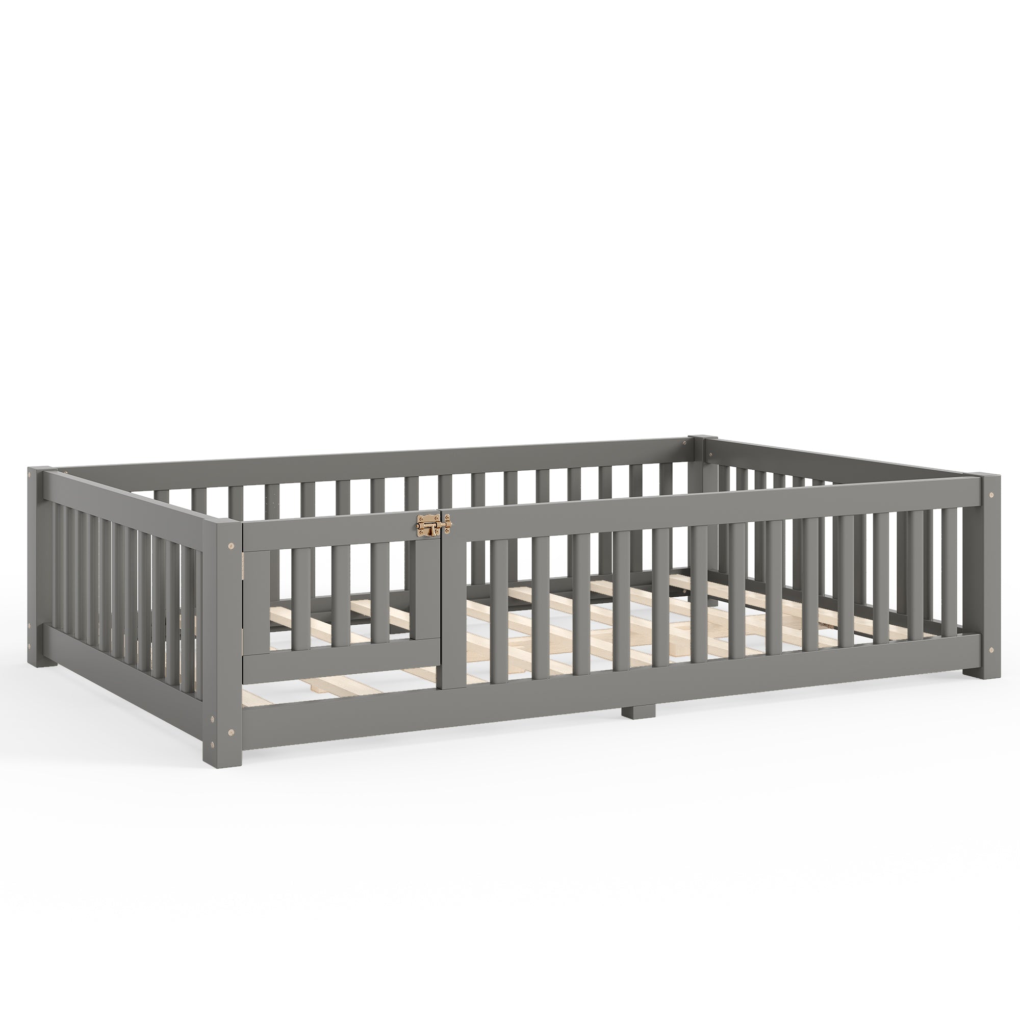 Full Size Bed Floor Bed with Safety Guardrails and Door for Kids, Gray