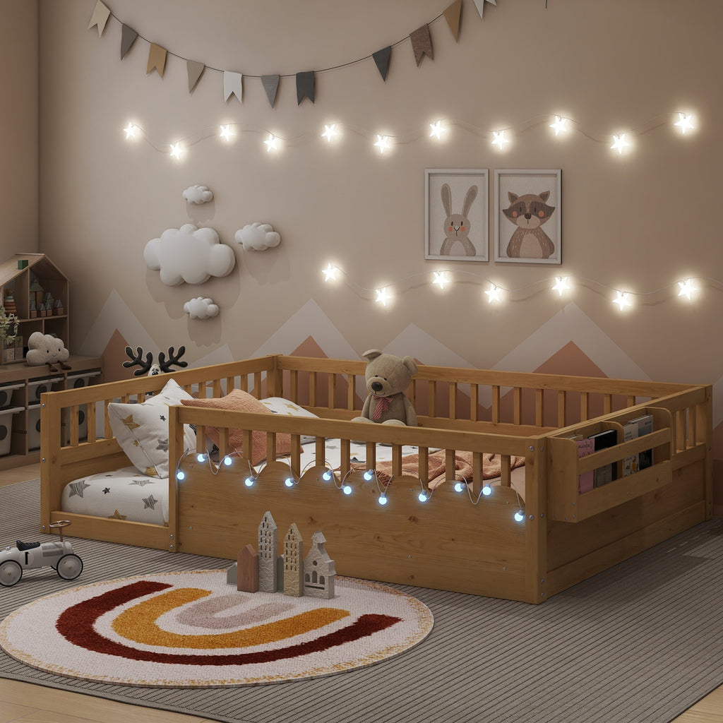 Full Montessori Floor Bed Frame with High Rails, Wood Kids Floor Beds with Light and Storage Shelf, Natural Expect Arrival Date 2025 8 15
