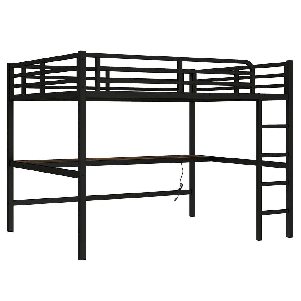Metal Queen Size Loft Bed with Power Outlet and LED Lighted, Space Saving, Noise Reduced, Black