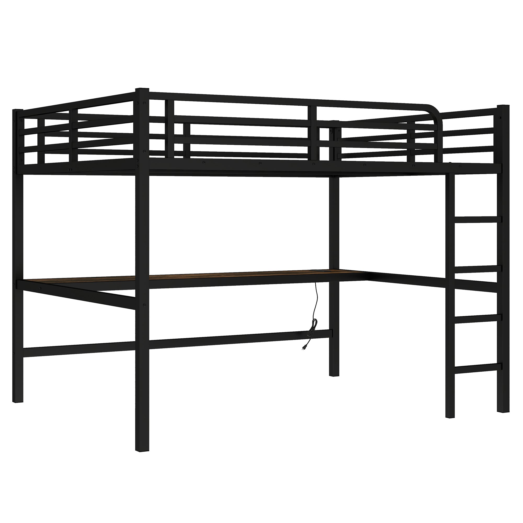 Metal Queen Size Loft Bed with Power Outlet and LED Lighted, Space Saving, Noise Reduced, Black