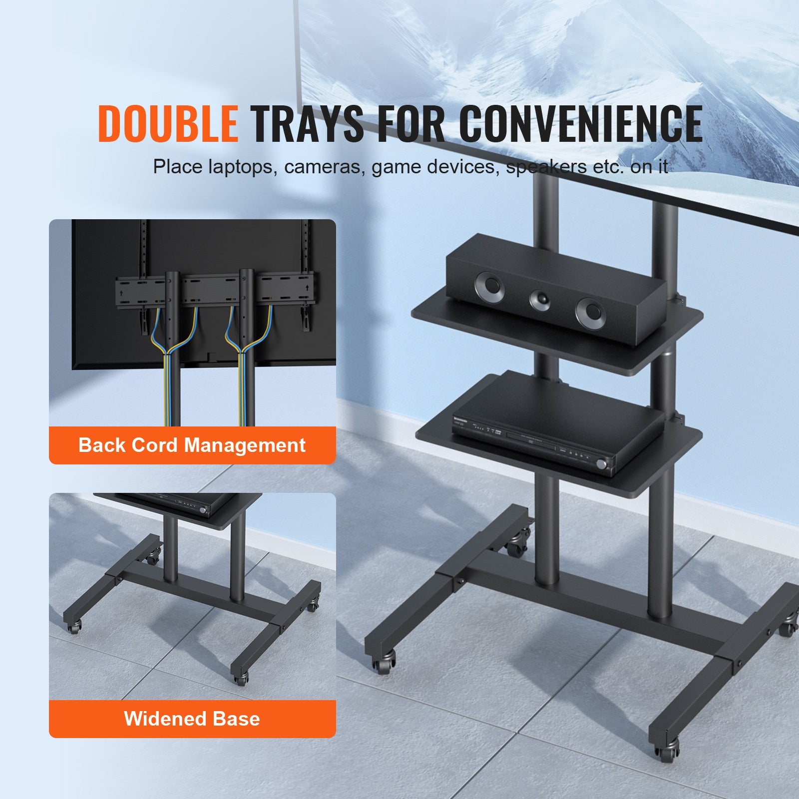 Mobile TV Stand, Mobile TV Cart for 32 to 70 inch TVs, Height Adjustable Portable TV Stand with Wheels, Double Tray for Audio Visual Devices, Rolling TV Stand with Mount for Bedroom, Living Room