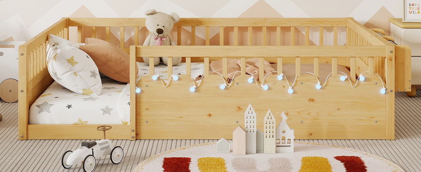 Full Montessori Floor Bed Frame with High Rails, Wood Kids Floor Beds with Light and Storage Shelf, Natural Expect Arrival Date 2025 8 15
