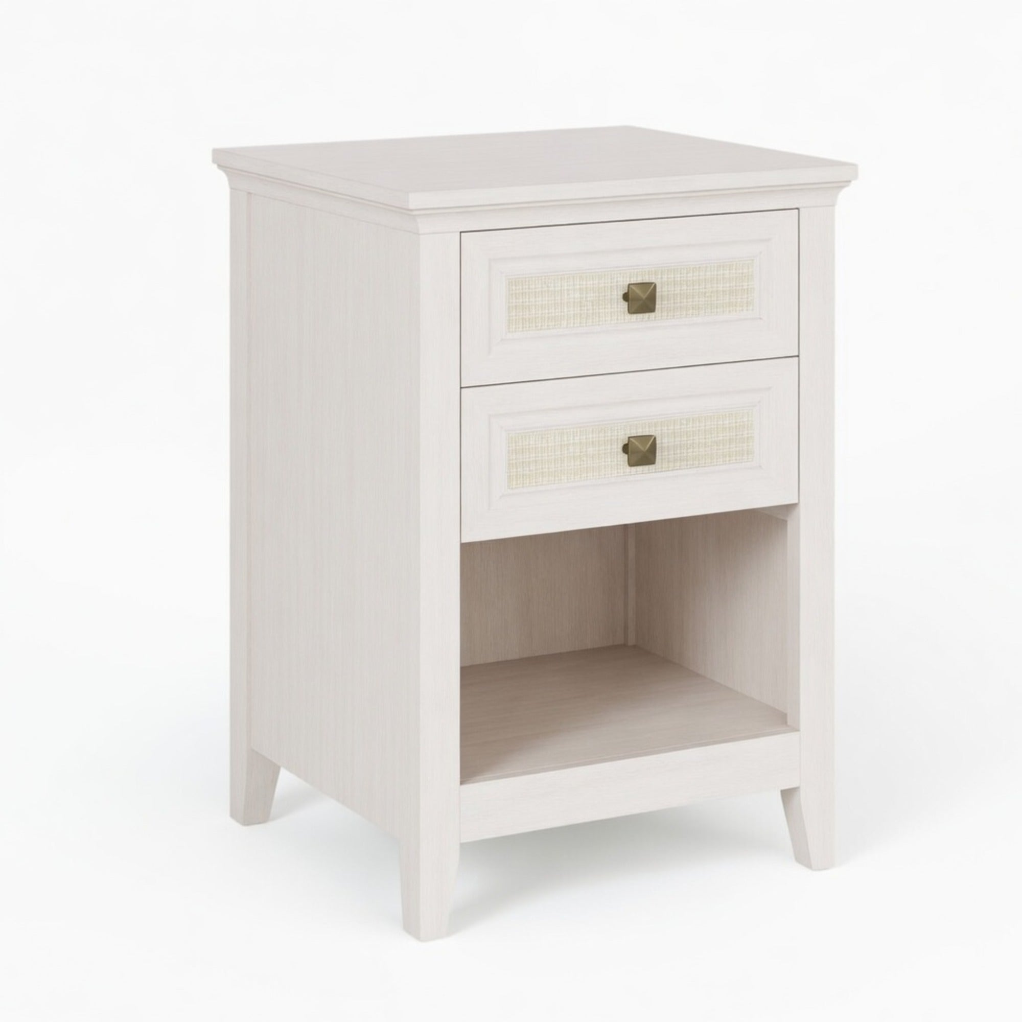 17.7" White Rattan Nightstand Boho Bedside Table w 2 Drawers & Shelf