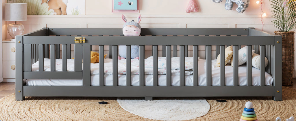 Twin Size Bed Floor Bed with Safety Guardrails and Door for Kids, Gray