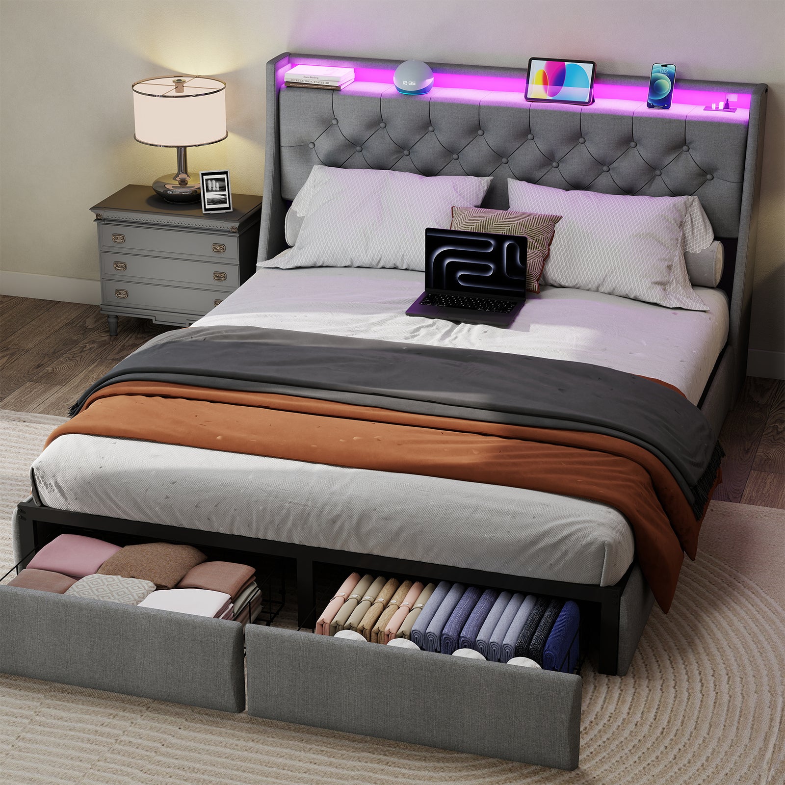 Full Size Bed Frame with Storage Headboard, RGB LED Light & USB Charging Station Grey