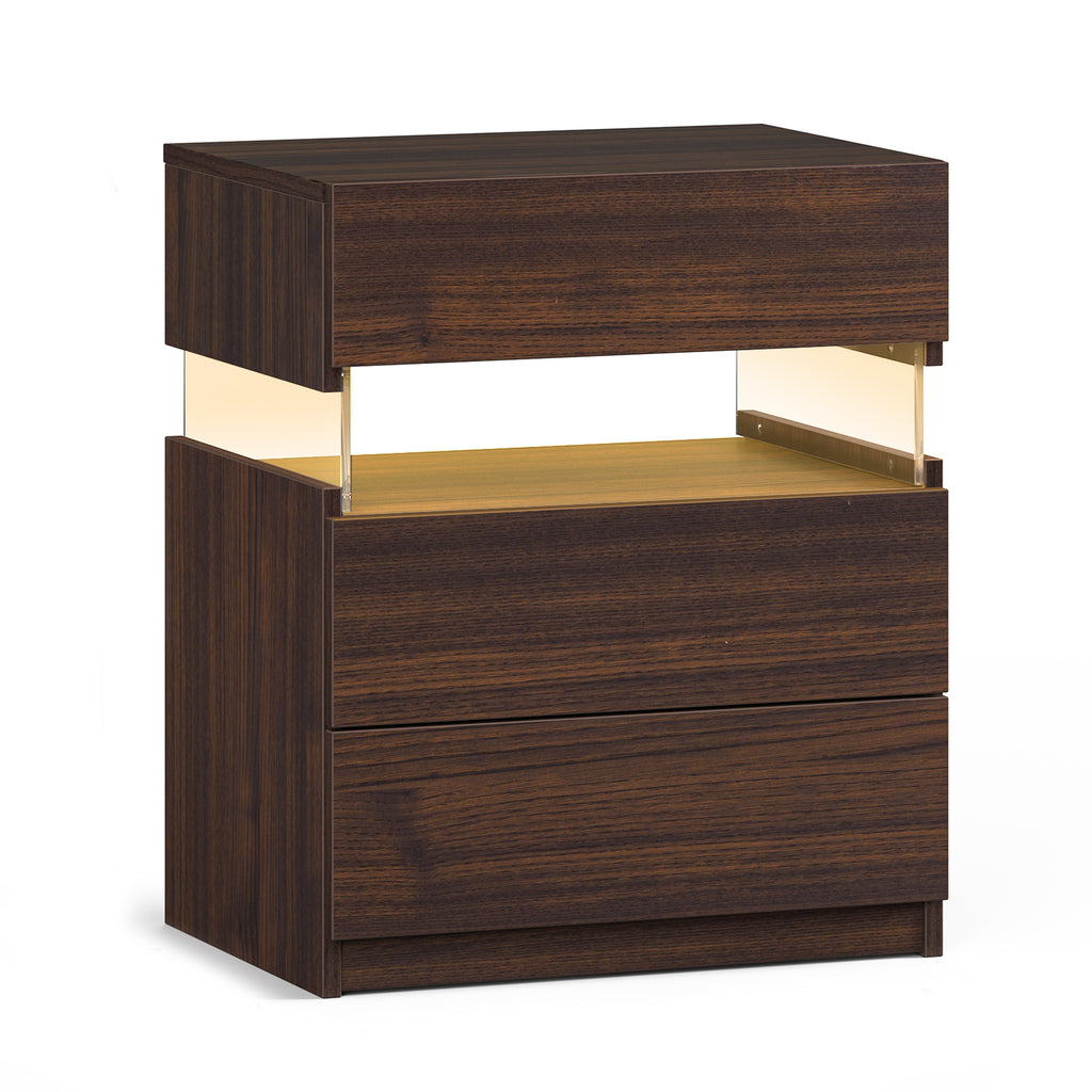 LED Nightstands 3 Drawer Dresser for Bedroom End Table with Acrylic Board LED Bedside Tables Walnut