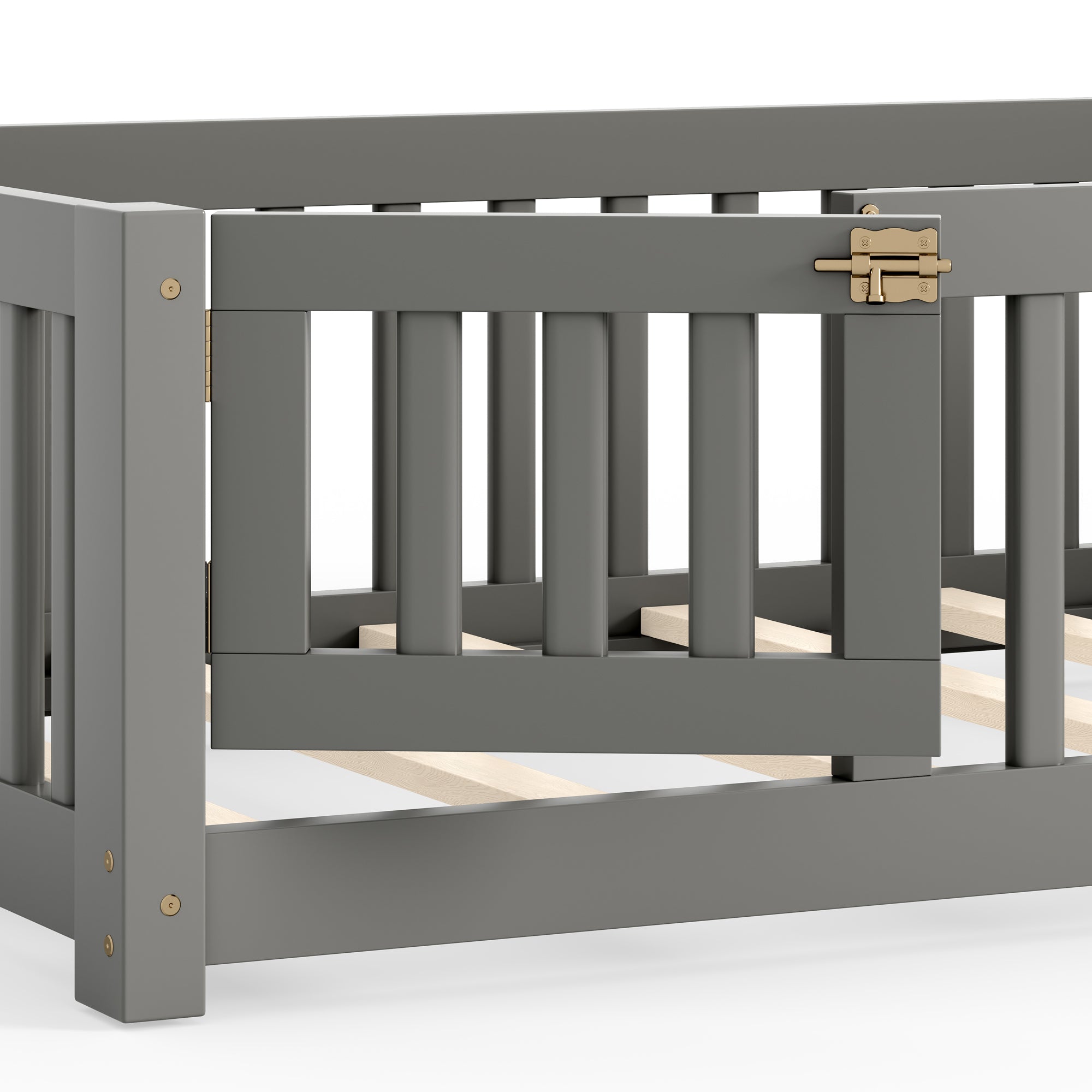 Twin Size Bed Floor Bed with Safety Guardrails and Door for Kids, Gray