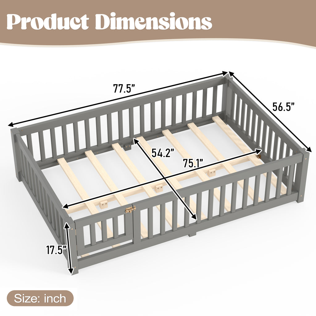Full Size Bed Floor Bed with Safety Guardrails and Door for Kids, Gray
