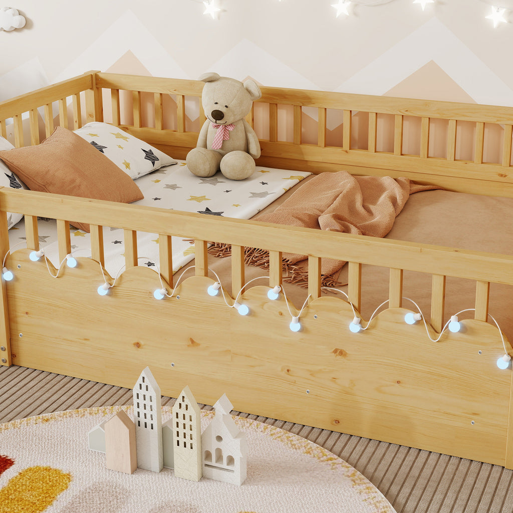 Full Montessori Floor Bed Frame with High Rails, Wood Kids Floor Beds with Light and Storage Shelf, Natural Expect Arrival Date 2025 8 15