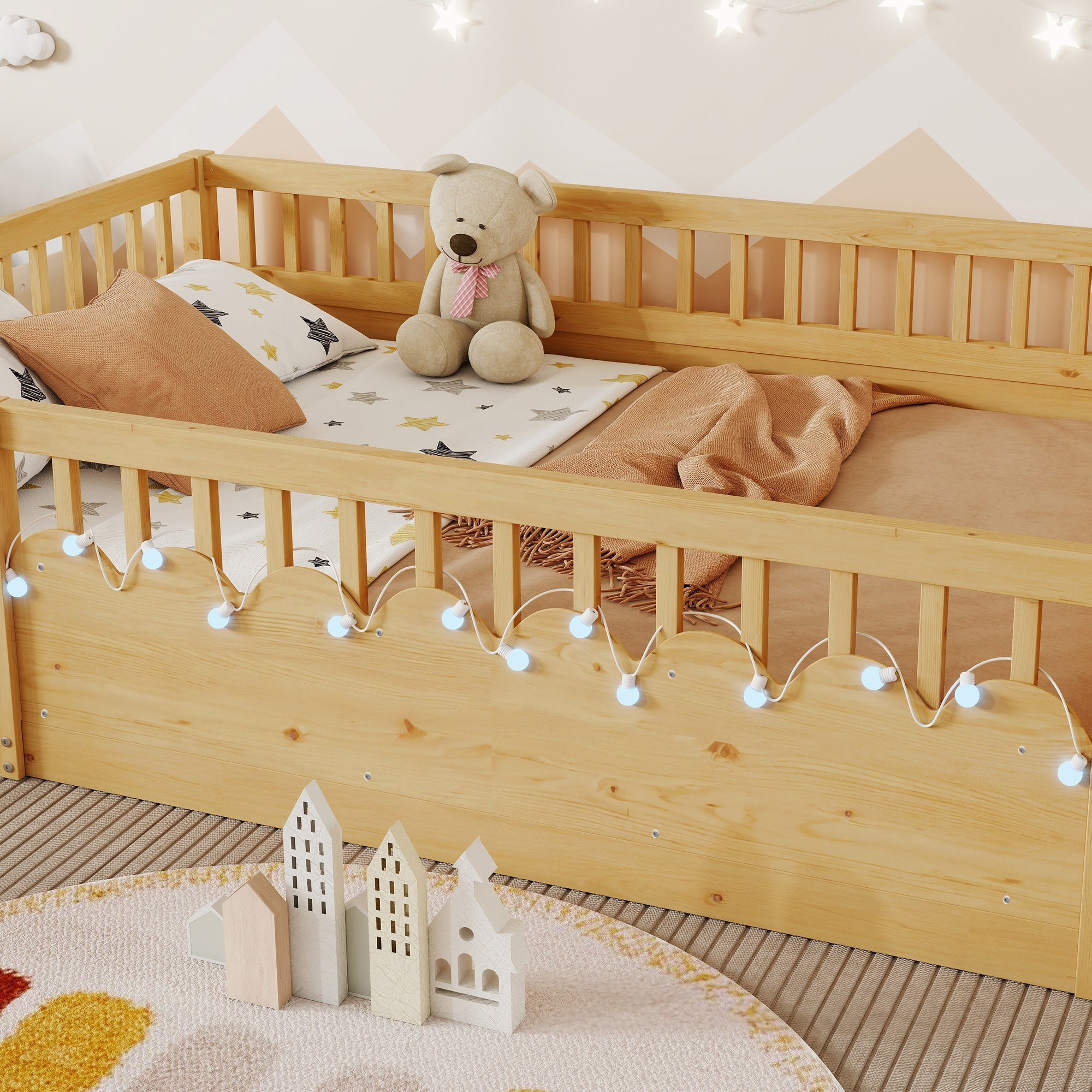 Full Montessori Floor Bed Frame with High Rails, Wood Kids Floor Beds with Light and Storage Shelf, Natural Expect Arrival Date 2025 8 15