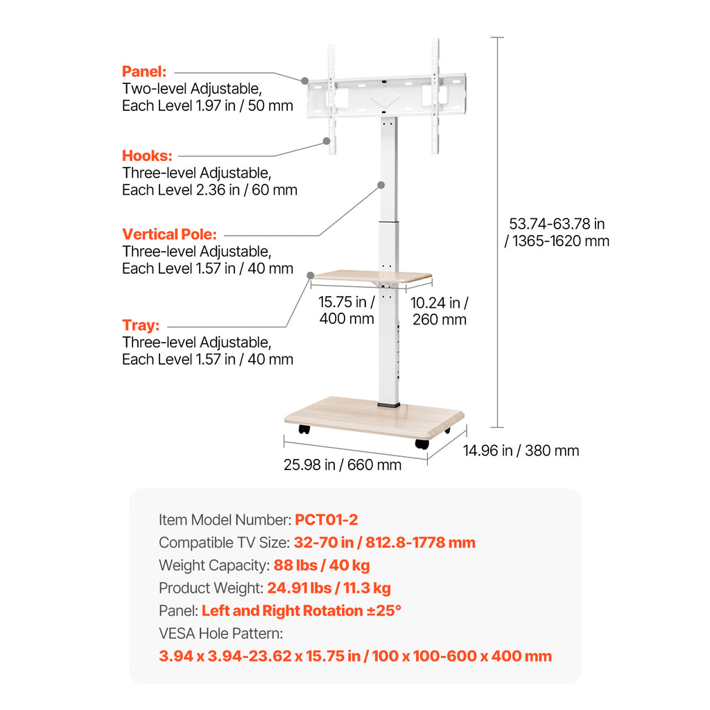 Rolling TV Stand, Mobile TV Cart for 32 70 Inch Screens, 25 Left Right Rotation and Height Adjustable TV Mount with Tray, Holds up to 88 lbs for Corner, Bedroom, Outdoor, Max VESA 600x400mm