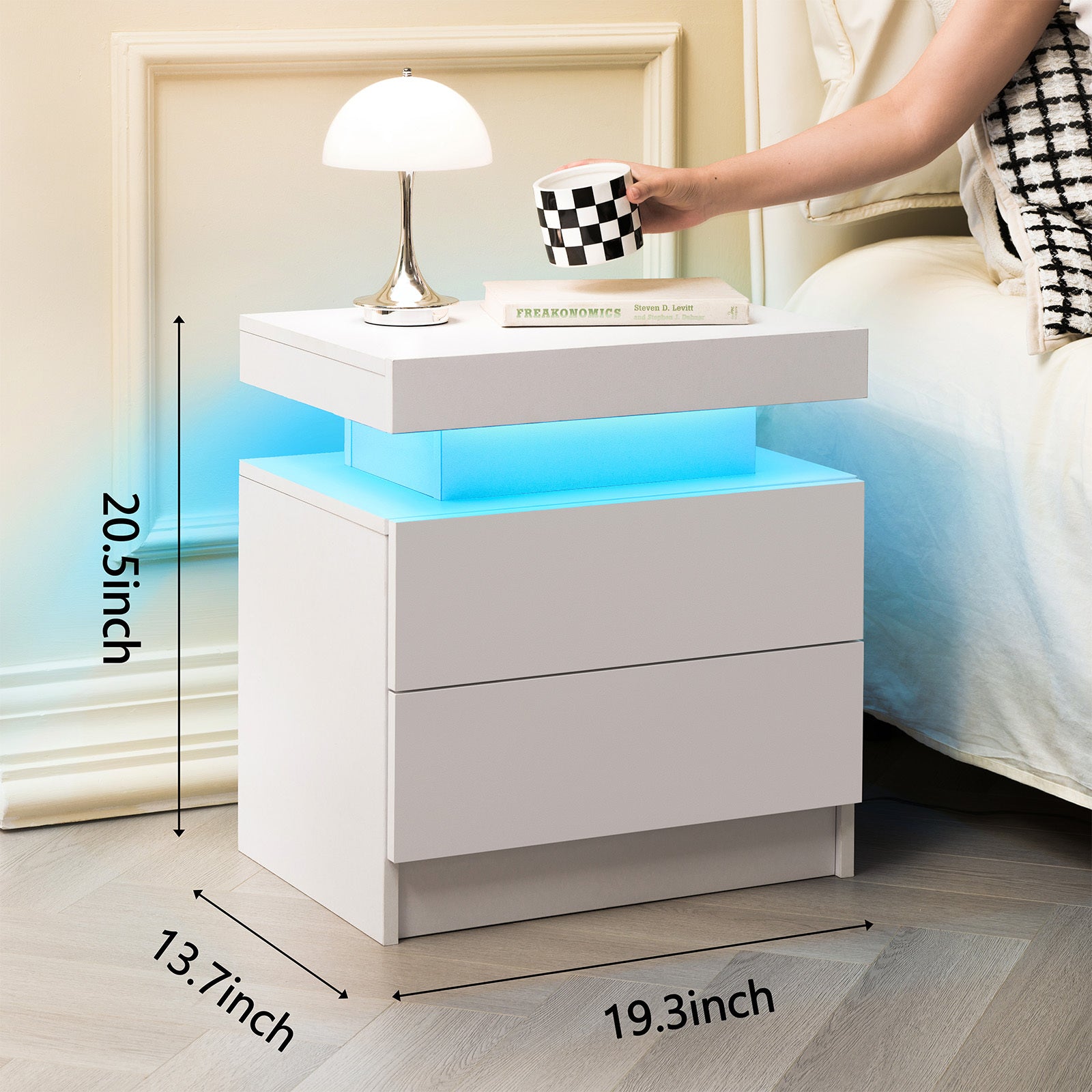 LED Nightstands Set of 2, Bedside Table Cabinet Lights Modern End Side with 2 Drawers for Bedroom White