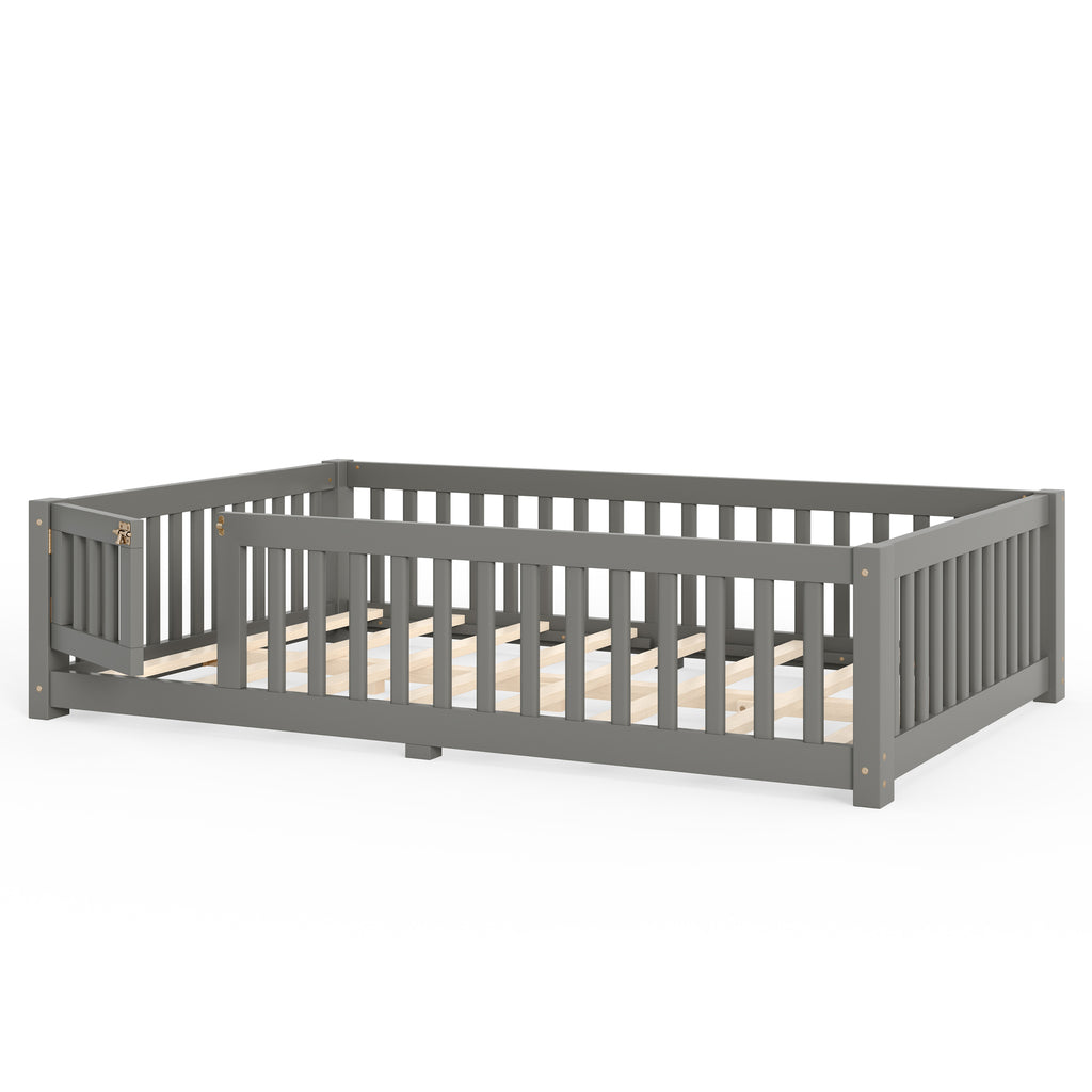 Full Size Bed Floor Bed with Safety Guardrails and Door for Kids, Gray