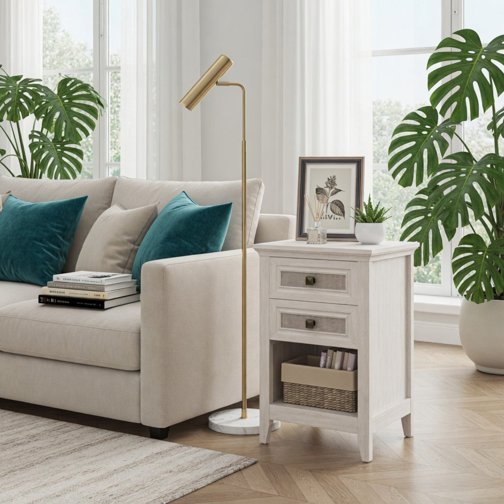 17.7" White Rattan Nightstand Boho Bedside Table w 2 Drawers & Shelf