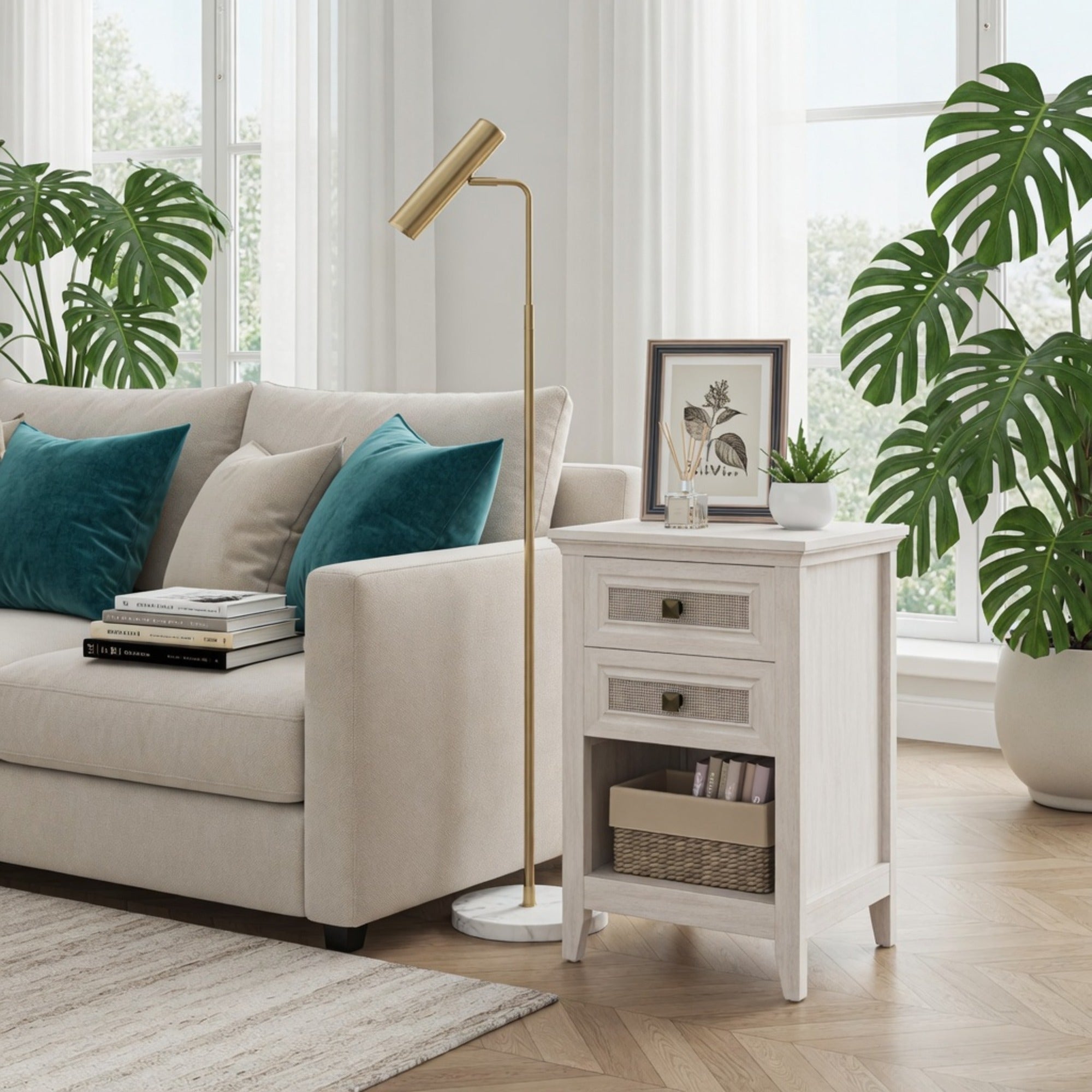 17.7" White Rattan Nightstand Boho Bedside Table w 2 Drawers & Shelf