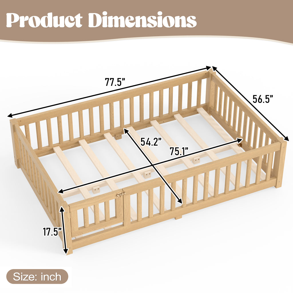 Full Size Bed Floor Bed with Safety Guardrails and Door for Kids, Natural