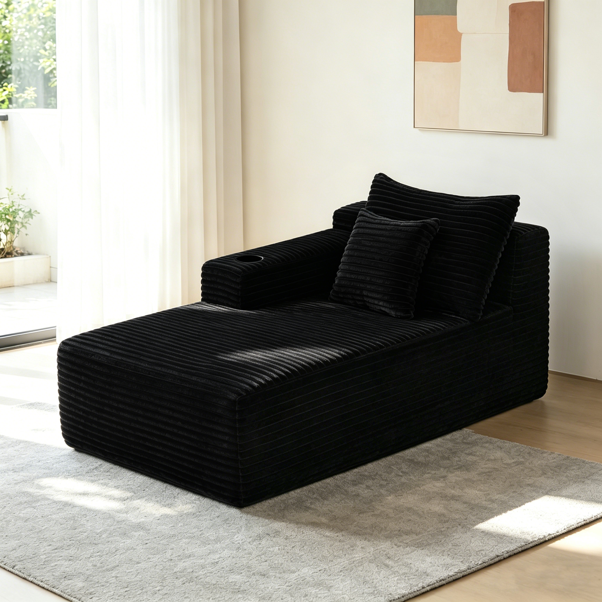 37.5 inch left chaise longue with plush black velvet, cup holder, flexible matching, mainly for living room use.