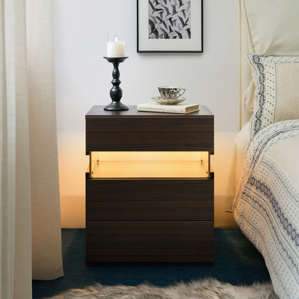 LED Nightstands 3 Drawer Dresser for Bedroom End Table with Acrylic Board LED Bedside Tables Walnut