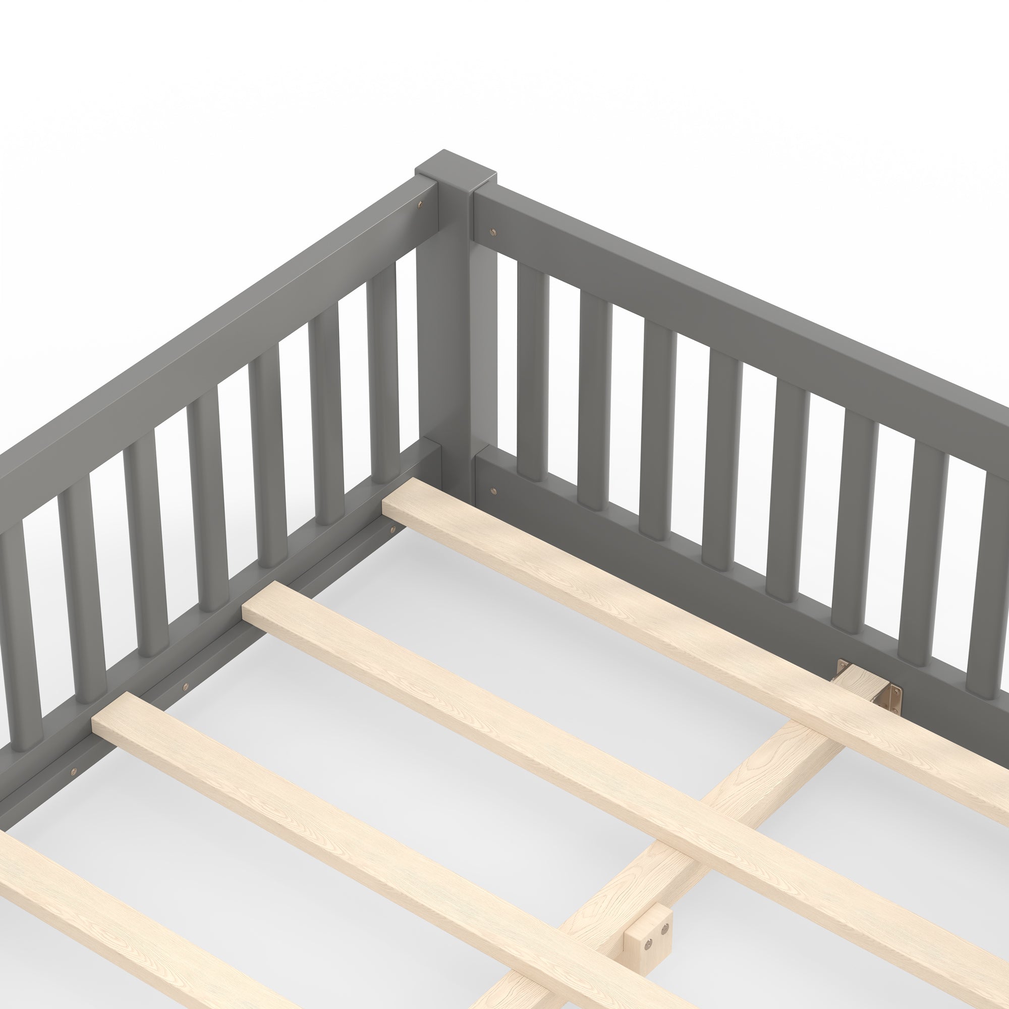 Full Size Bed Floor Bed with Safety Guardrails and Door for Kids, Gray