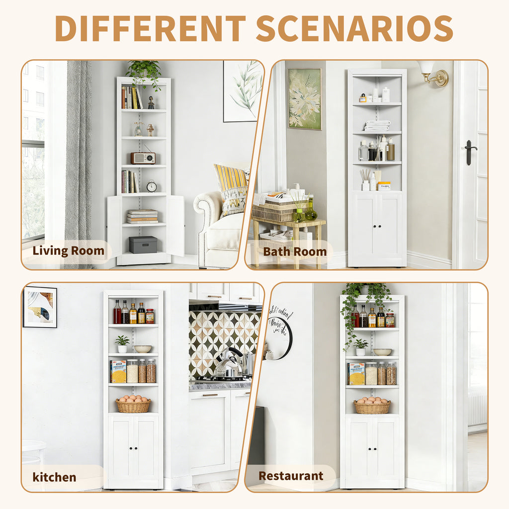 71" Tall Corner Storage Cabinet with 2 Doors, 5 Tier Metal Cabinet with Adjustable Shelves, Freestanding Kitchen Storage for Pantry, Living Room, Bathroom, Laundry Room, Space Saving Furniture, White