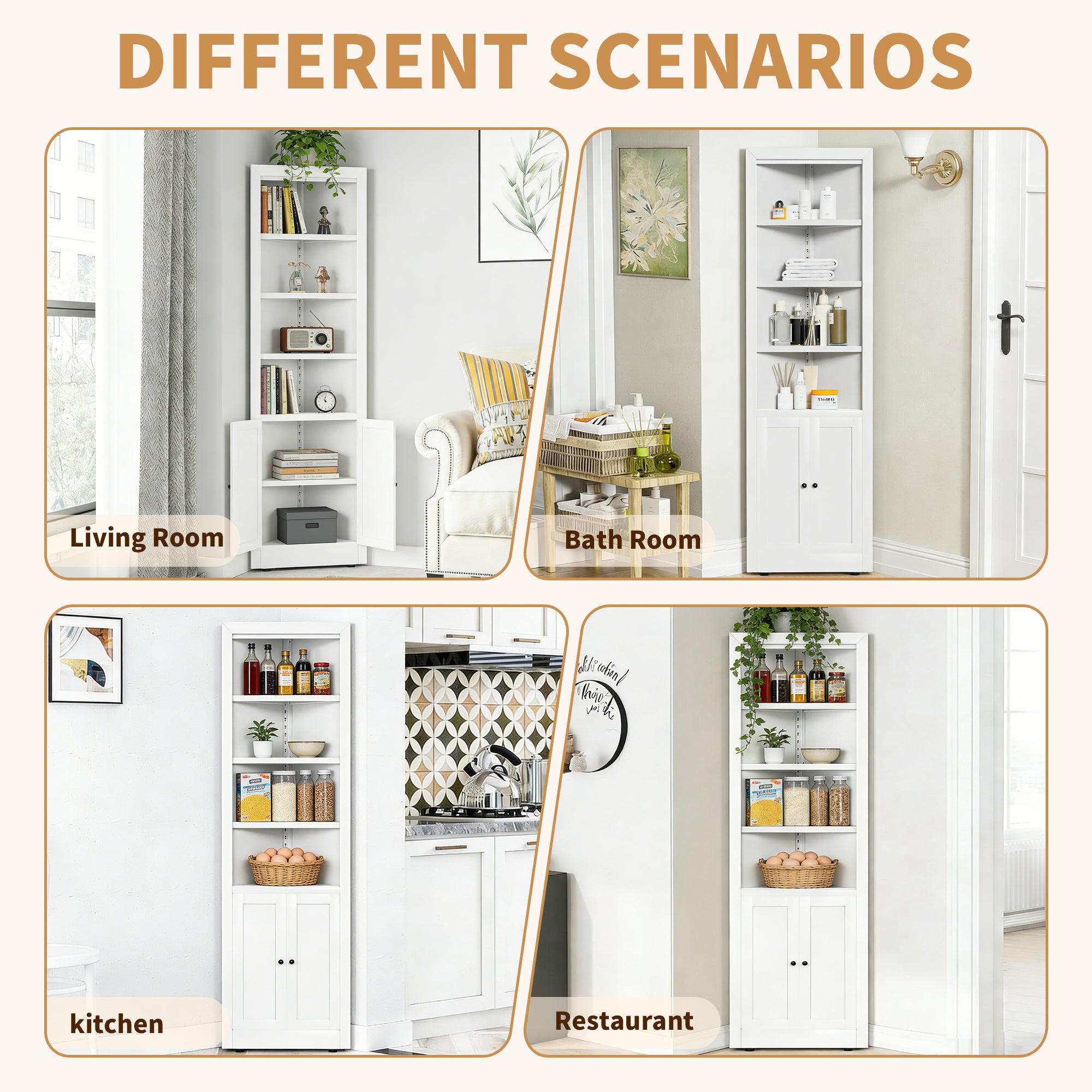 71" Tall Corner Storage Cabinet with 2 Doors, 5 Tier Metal Cabinet with Adjustable Shelves, Freestanding Kitchen Storage for Pantry, Living Room, Bathroom, Laundry Room, Space Saving Furniture, White
