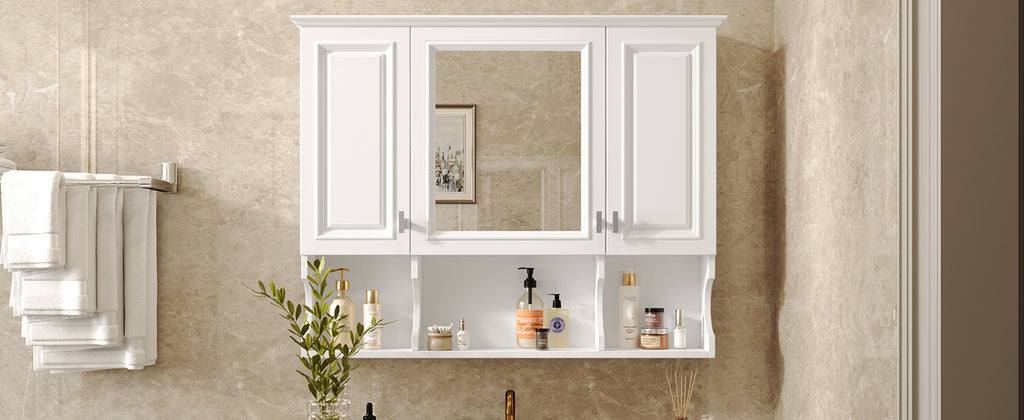 35'' x 28'' Wall Mounted Bathroom Medicine Cabinet, Modern Bathroom Wall Cabinet with Mirror, Mirror Cabinet with Open Shelves