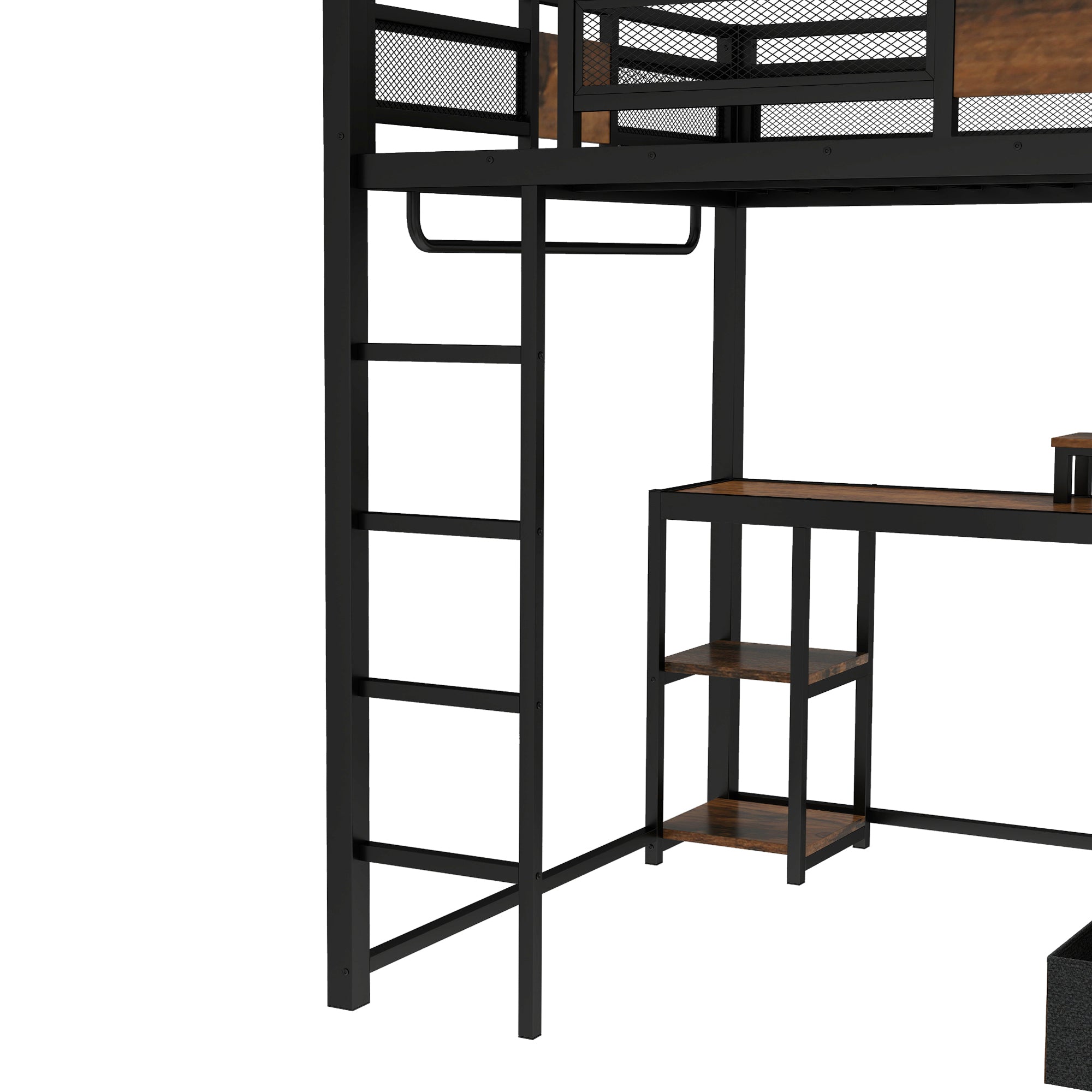 Queen Loft Bed with Desk and Storage Non woven Fabric Drawers, Metal Loft Bed Frame with Ladders, Nosie free and No Spring Box Needed, Black