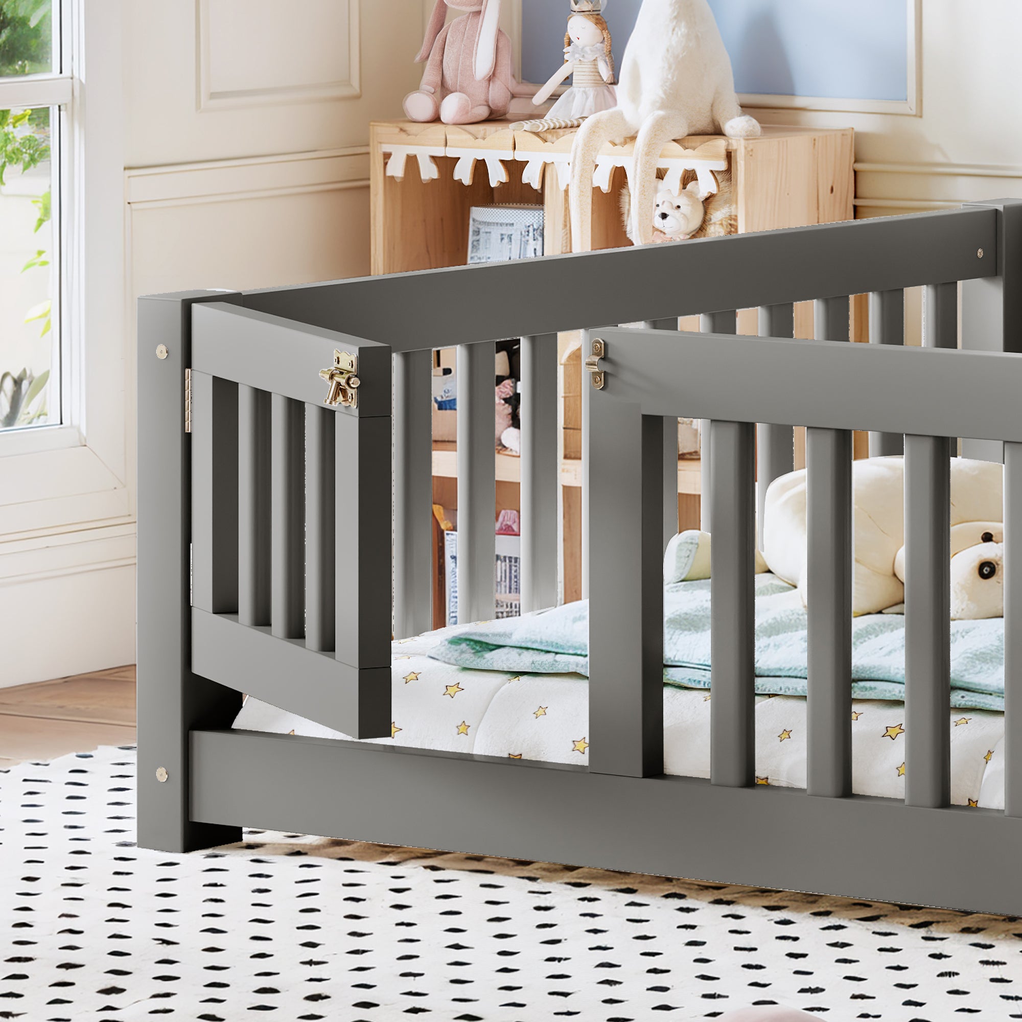 Full Size Bed Floor Bed with Safety Guardrails and Door for Kids, Gray
