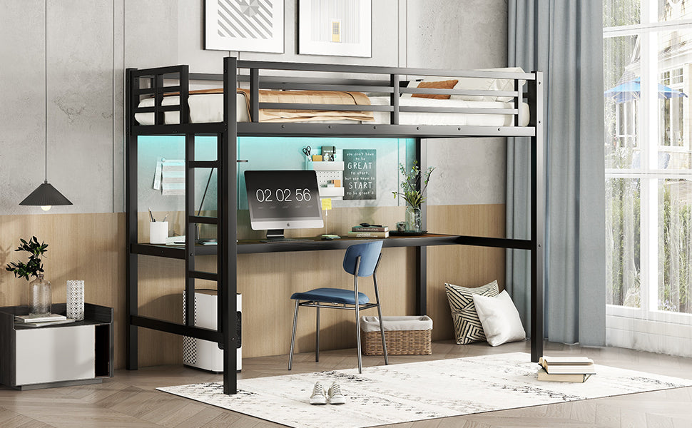 Metal Twin XL Size Loft Bed with Power Outlet and LED Lighted, Space Saving, Noise Reduced, Black
