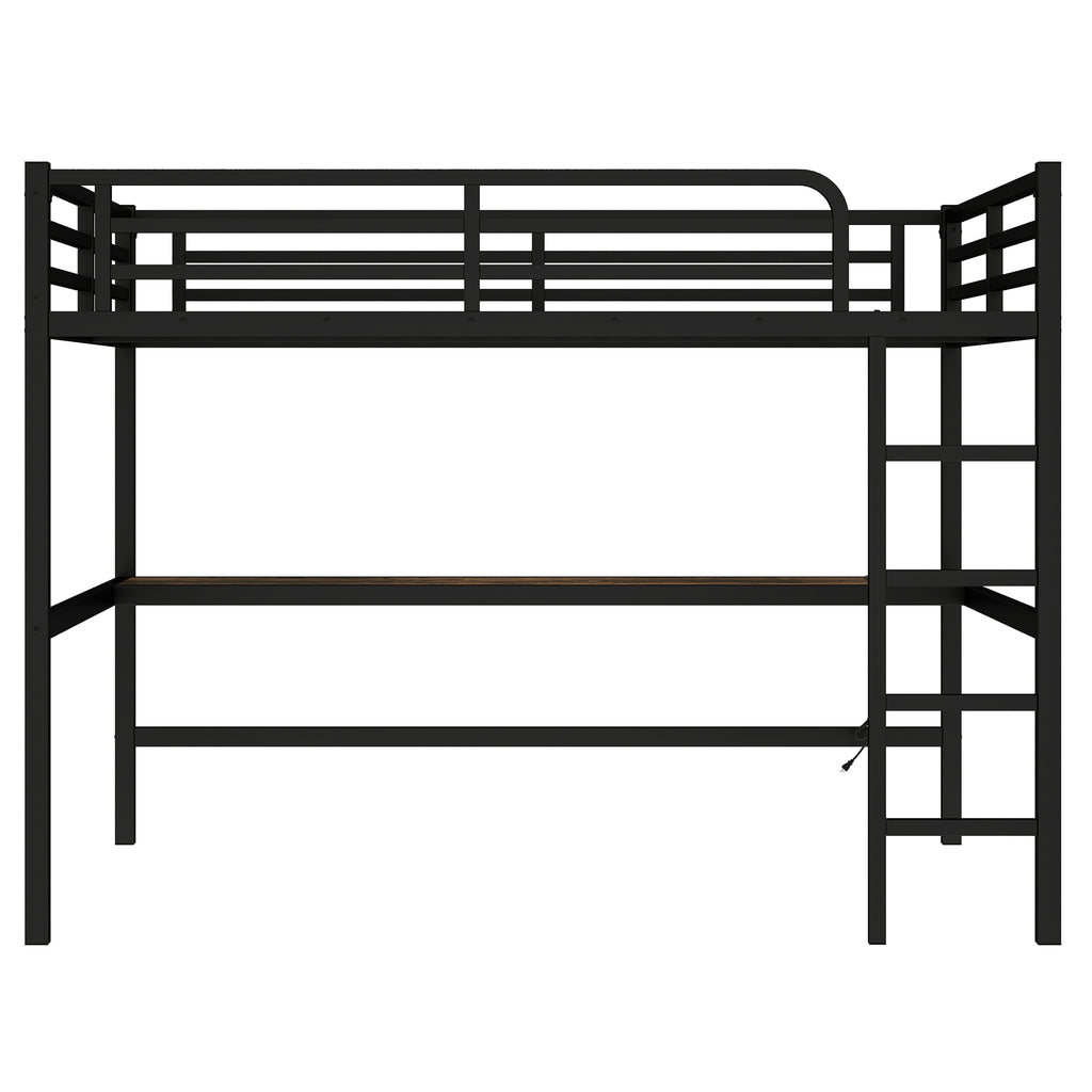 Metal Queen Size Loft Bed with Power Outlet and LED Lighted, Space Saving, Noise Reduced, Black