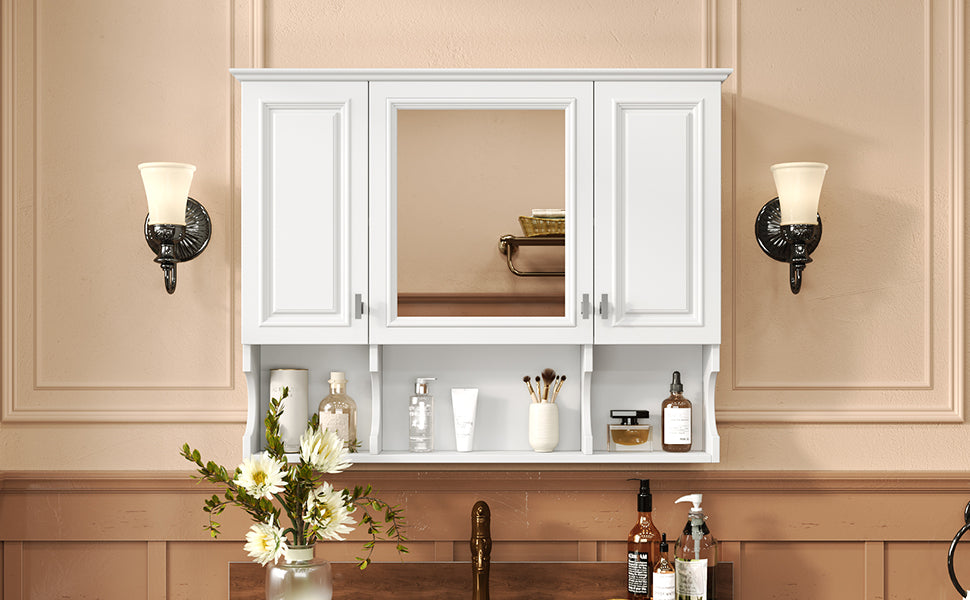 35'' x 28'' Wall Mounted Bathroom Medicine Cabinet, Modern Bathroom Wall Cabinet with Mirror, Mirror Cabinet with Open Shelves