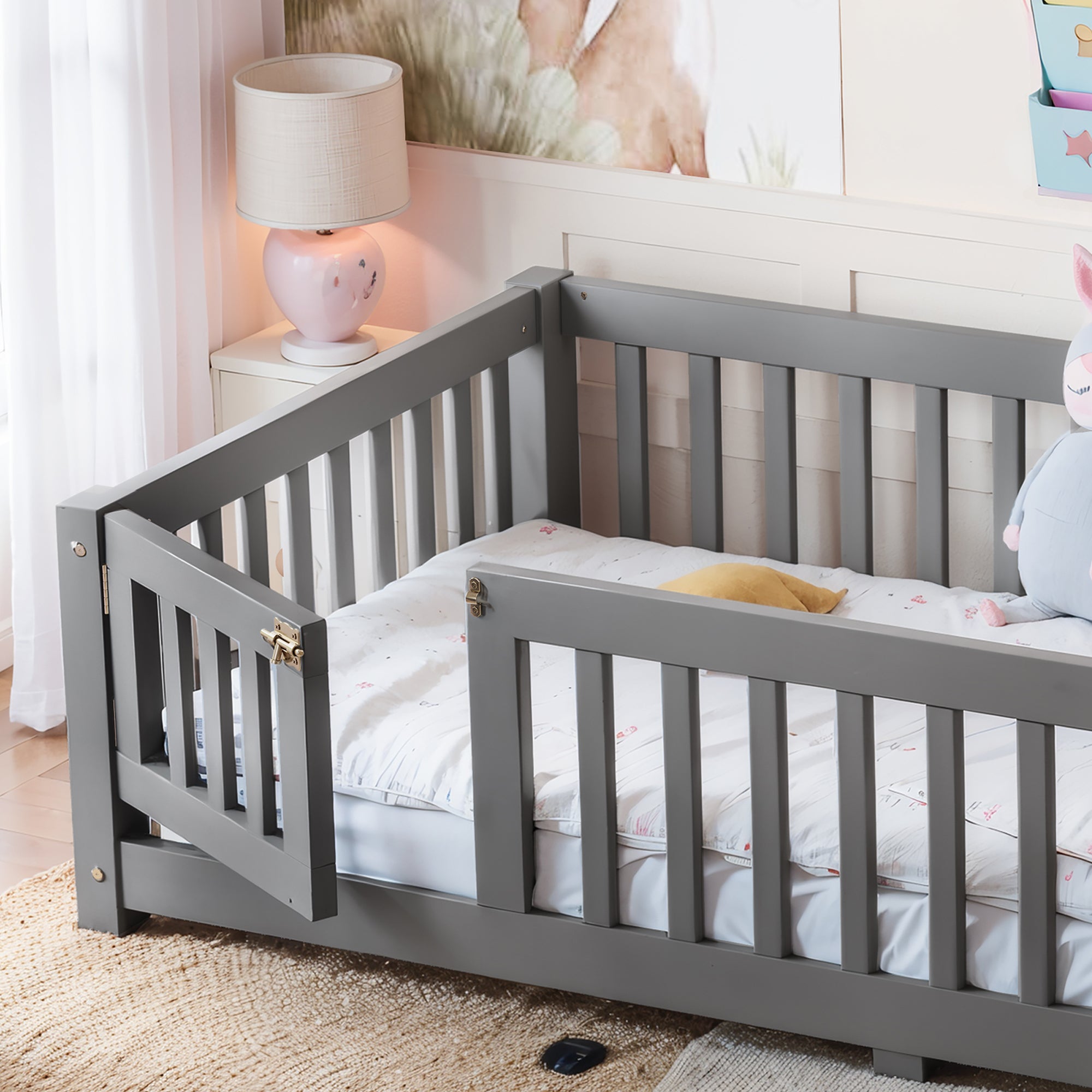 Twin Size Bed Floor Bed with Safety Guardrails and Door for Kids, Gray