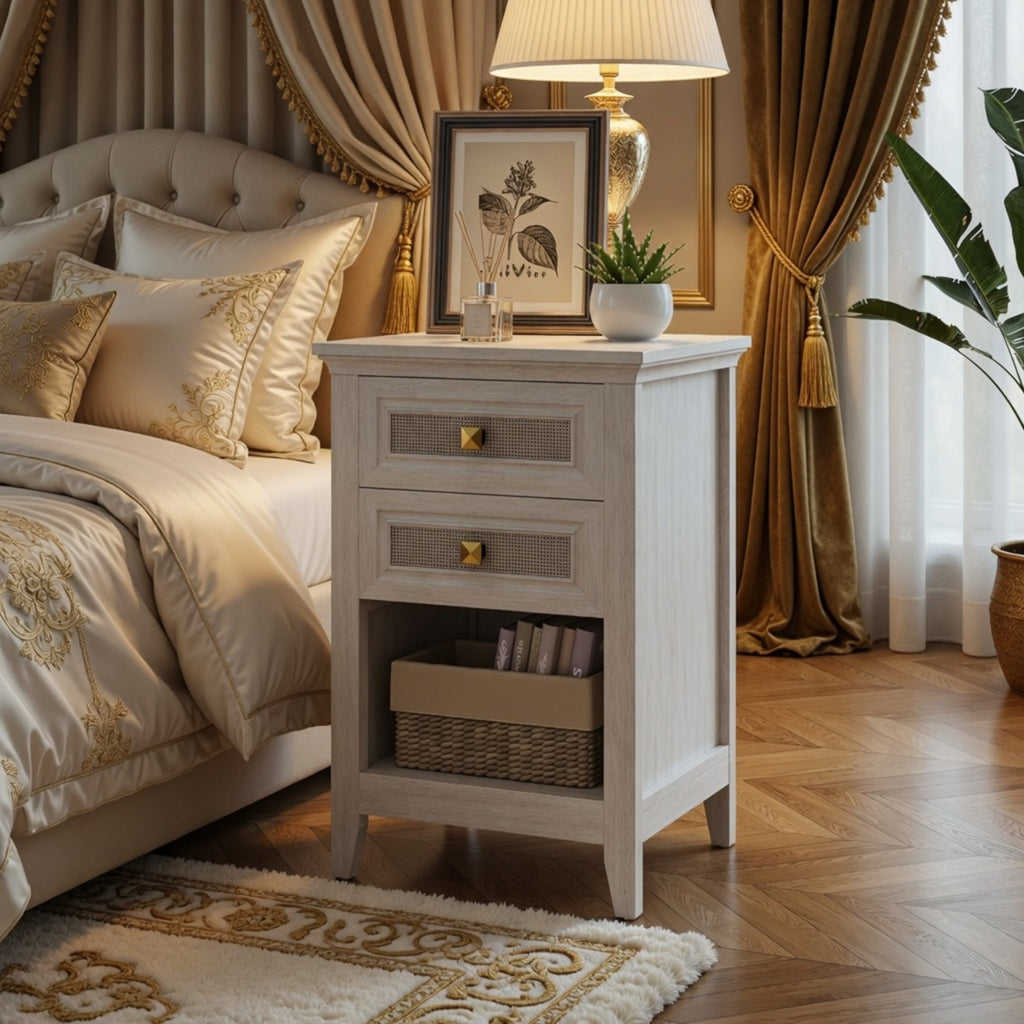 17.7" White Rattan Nightstand Boho Bedside Table w 2 Drawers & Shelf