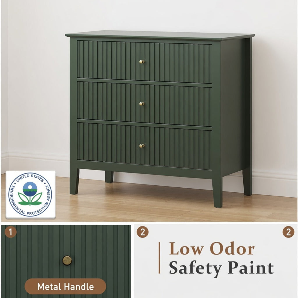 32" Wide Green Fluted 3 Drawer Nightstand, Large Modern Bedroom End Table