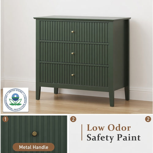 32" Wide Green Fluted 3 Drawer Nightstand, Large Modern Bedroom End Table