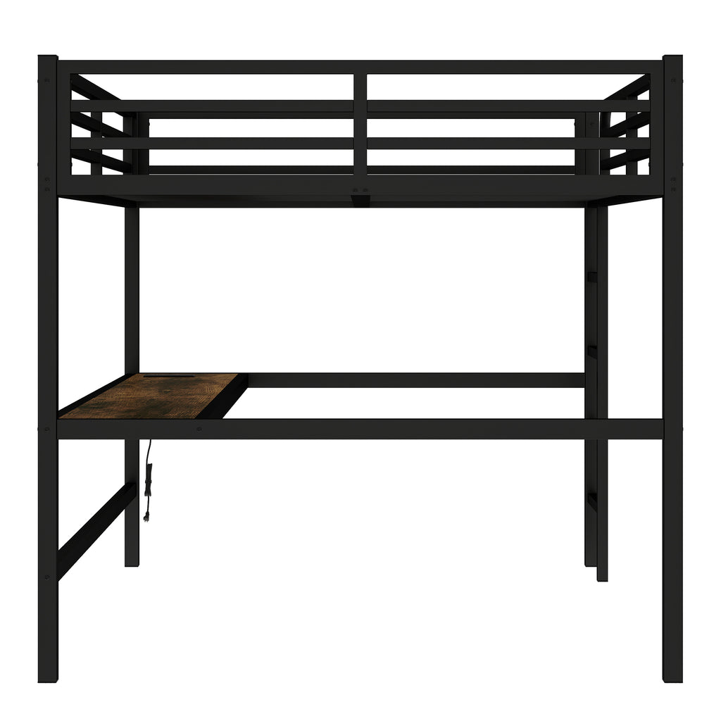 Metal Queen Size Loft Bed with Power Outlet and LED Lighted, Space Saving, Noise Reduced, Black