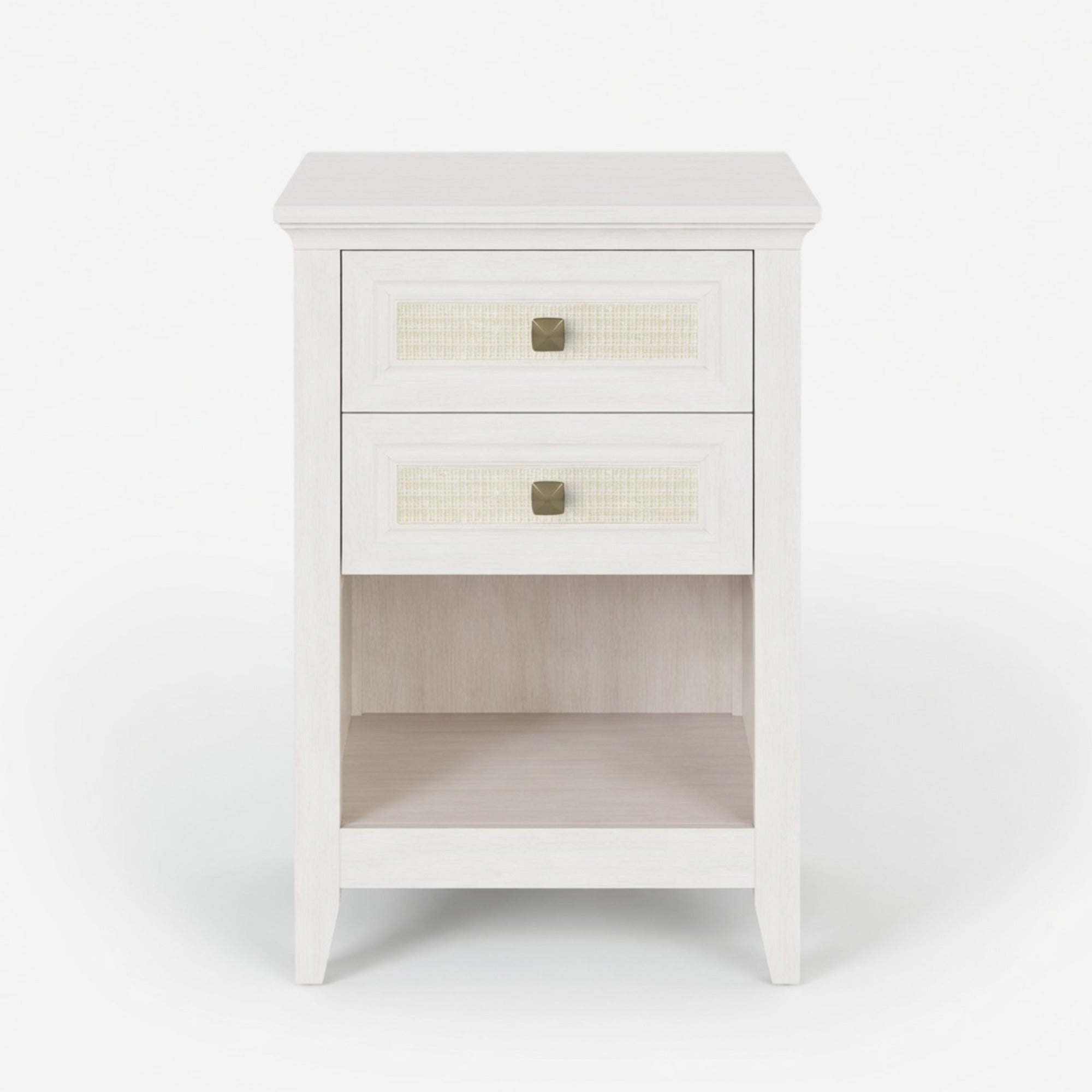 17.7" White Rattan Nightstand Boho Bedside Table w 2 Drawers & Shelf