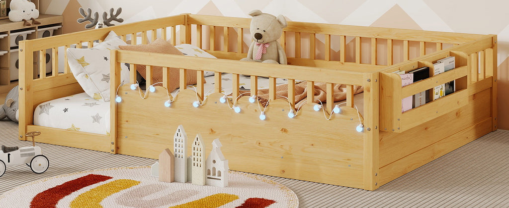 Full Montessori Floor Bed Frame with High Rails, Wood Kids Floor Beds with Light and Storage Shelf, Natural Expect Arrival Date 2025 8 15