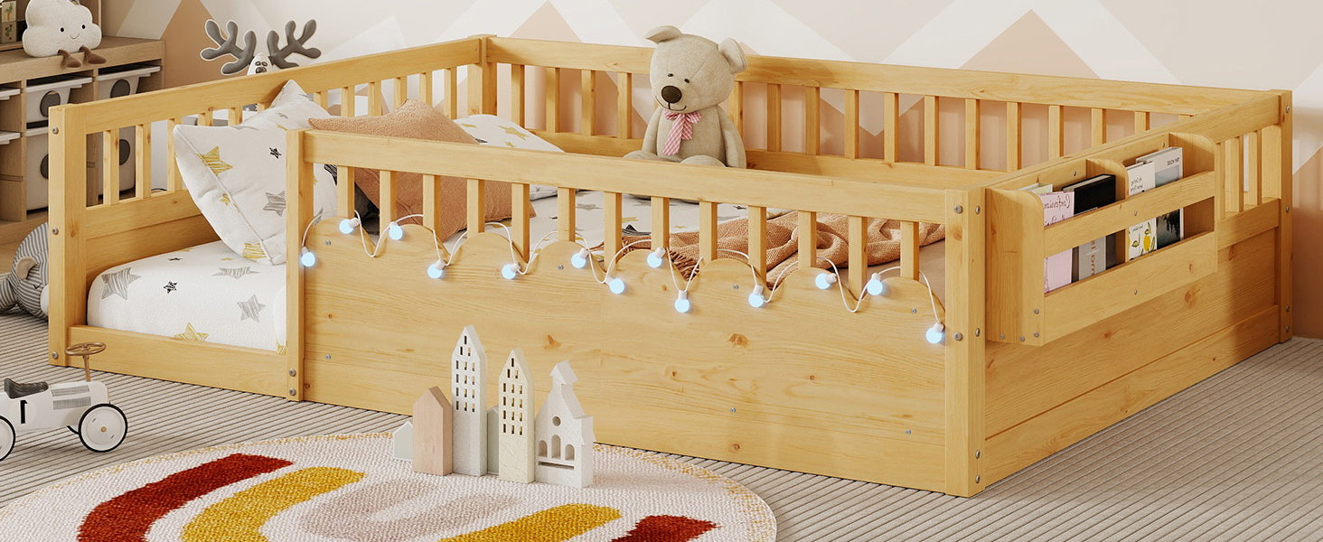 Full Montessori Floor Bed Frame with High Rails, Wood Kids Floor Beds with Light and Storage Shelf, Natural Expect Arrival Date 2025 8 15