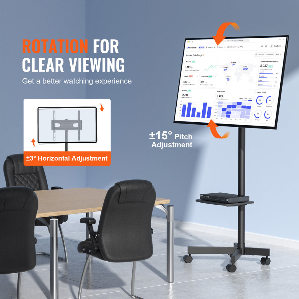 Mobile TV Stand, Mobile TV Cart for 23 to 60 inch TVs, Height Adjustable Portable TV Stand with Wheels, with A Tray for Audio Visual Devices, Rolling TV Stand with Mount for Bedroom, Living Room