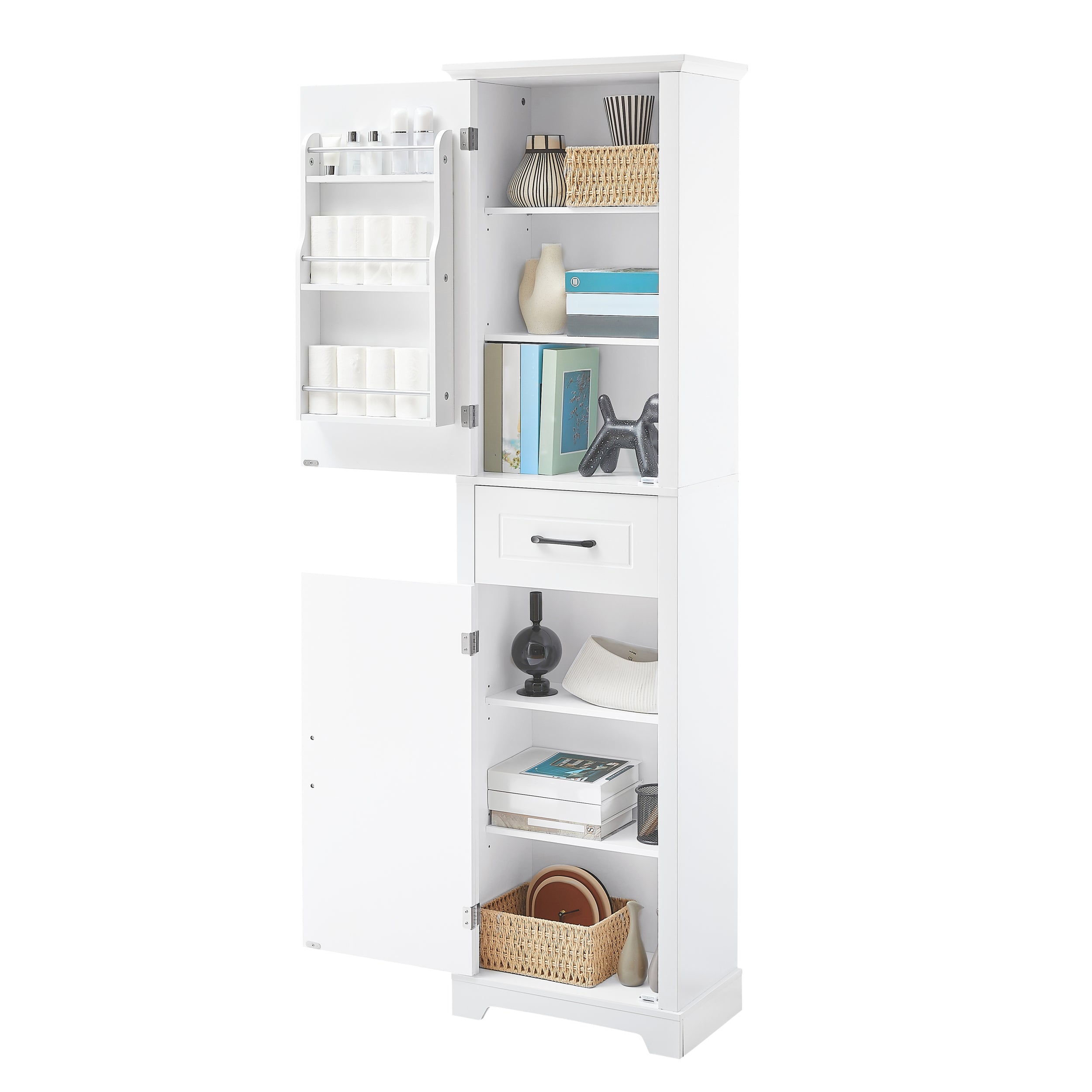 Tall Bathroom Storage Cabinet, Freestanding Storage Cabinet with Two Doors and Adjustable Shelves, Door Shelve Design, MDF Board with Painted Finish, White